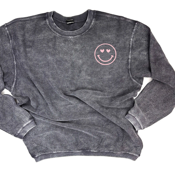 Embroidered Asphalt Corded Sweatshirt - Heart Eye Smiley (Light Pink Thread)