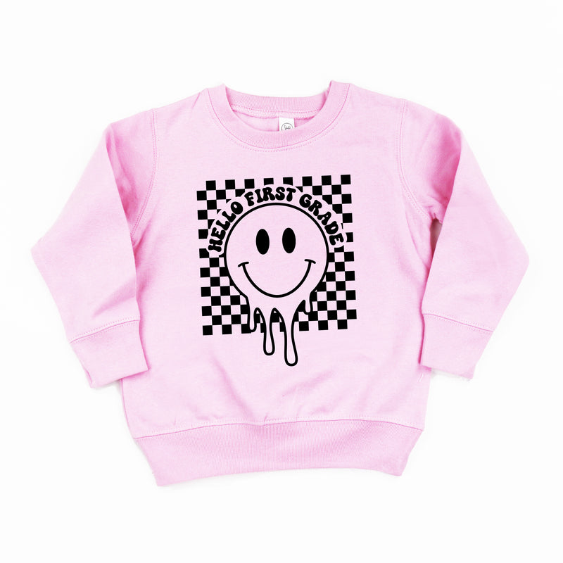 Hello First Grade - Checker Smiley - Child Sweater