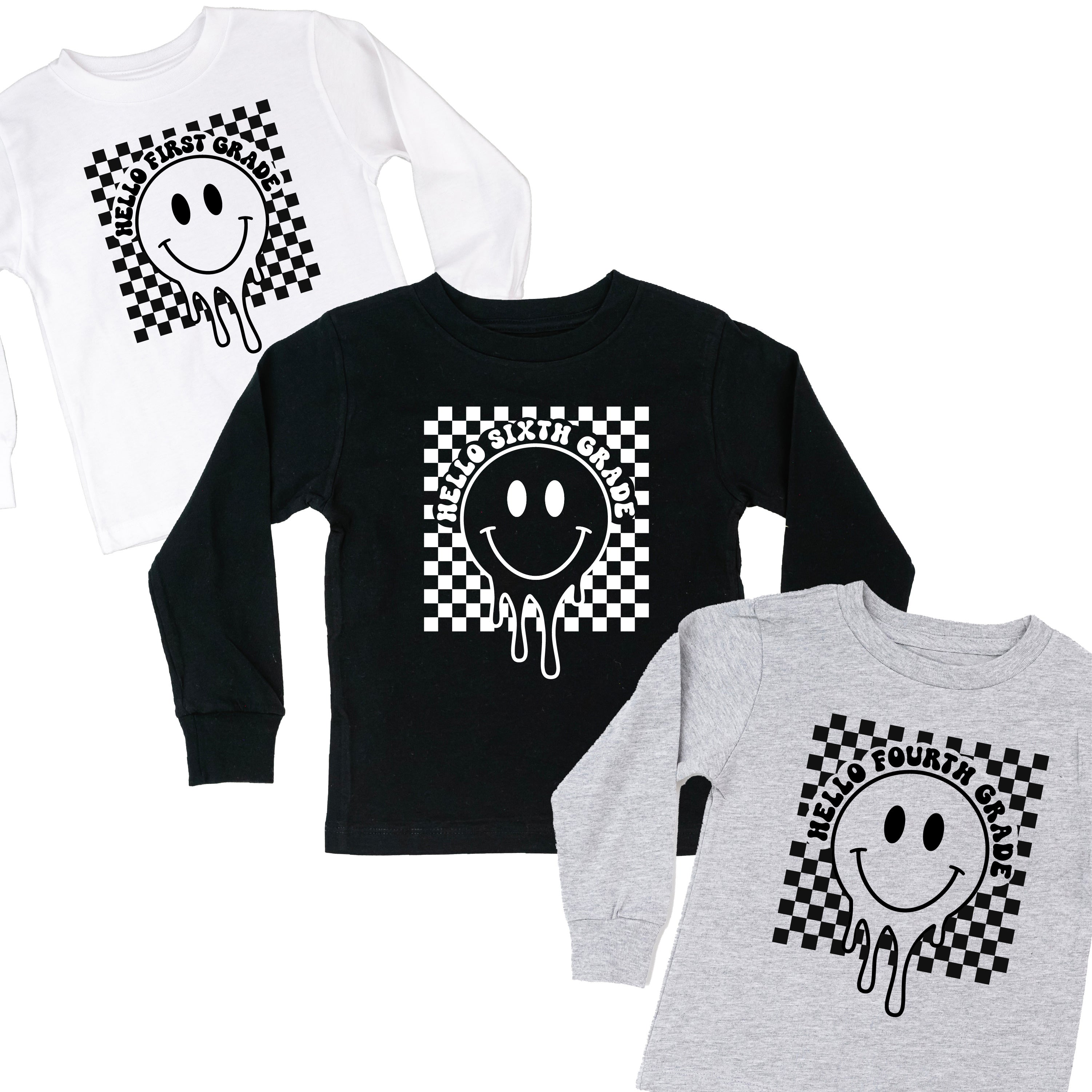 Hello (Choose Your Grade) - Checker Smiley - Child LONG SLEEVE Tee Little Mama Shirt Shop