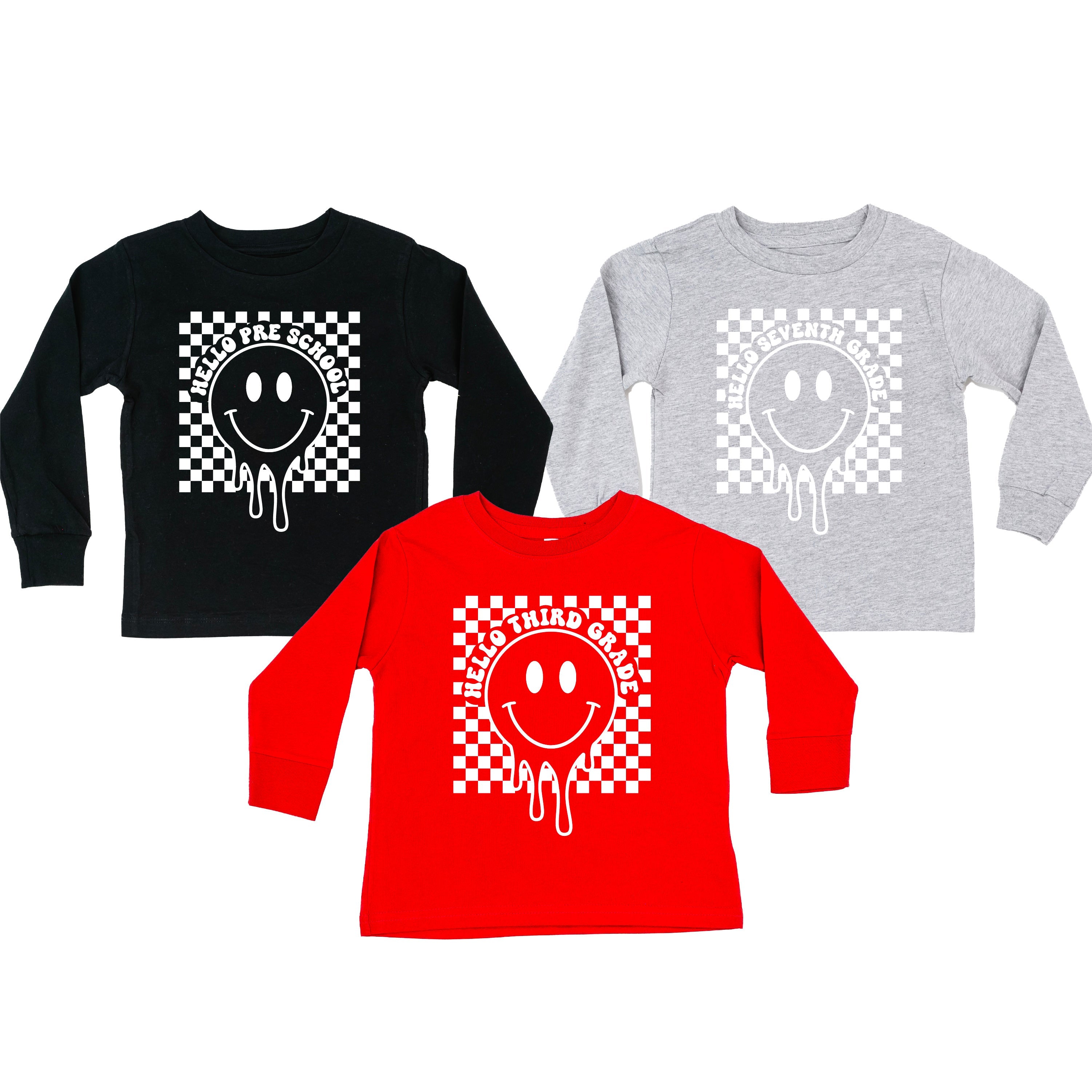 Hello (Choose Your Grade) - Checker Smiley - Child LONG SLEEVE Tee Little Mama Shirt Shop