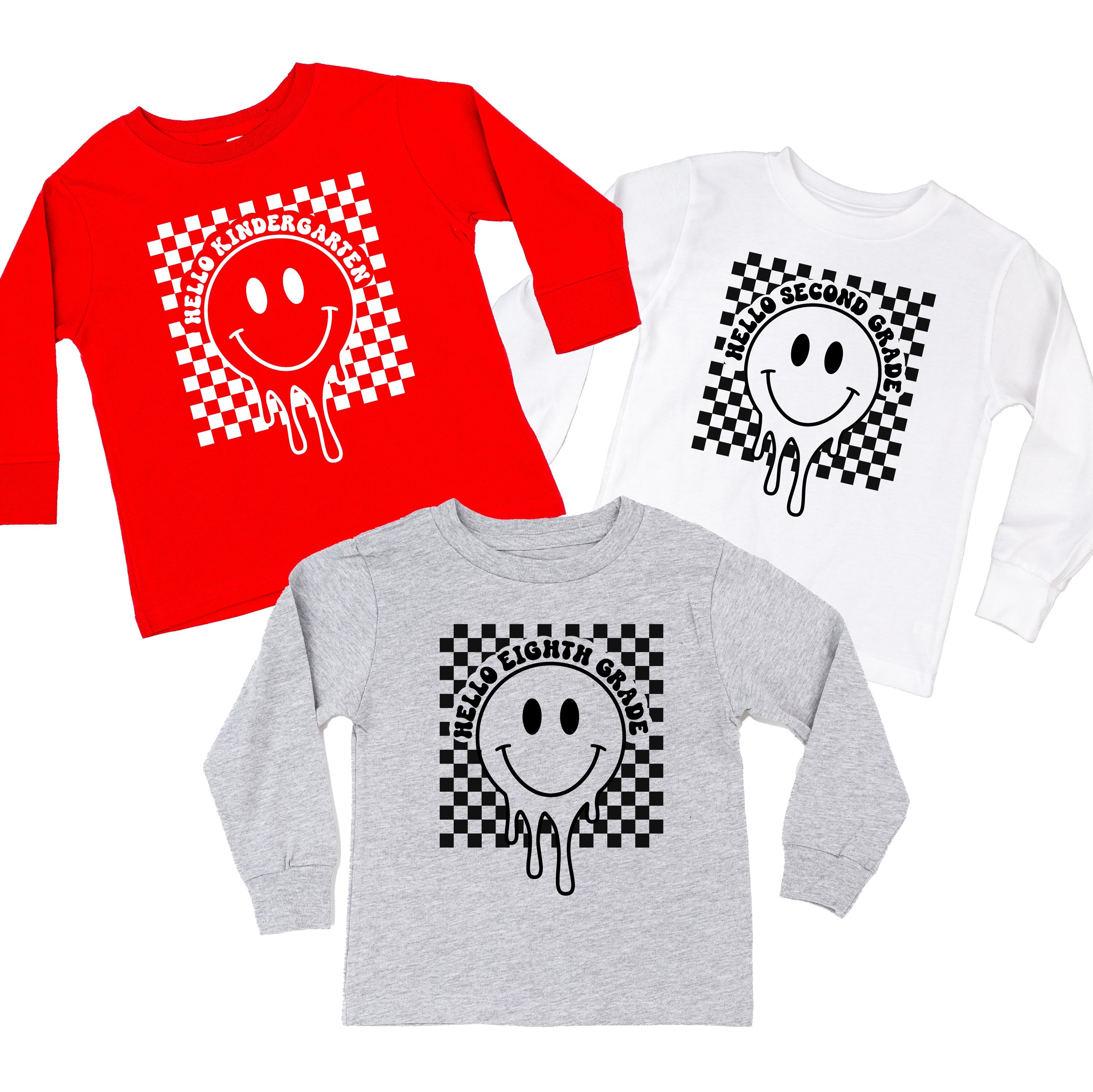 Hello (Choose Your Grade) - Checker Smiley - Child LONG SLEEVE Tee Little Mama Shirt Shop