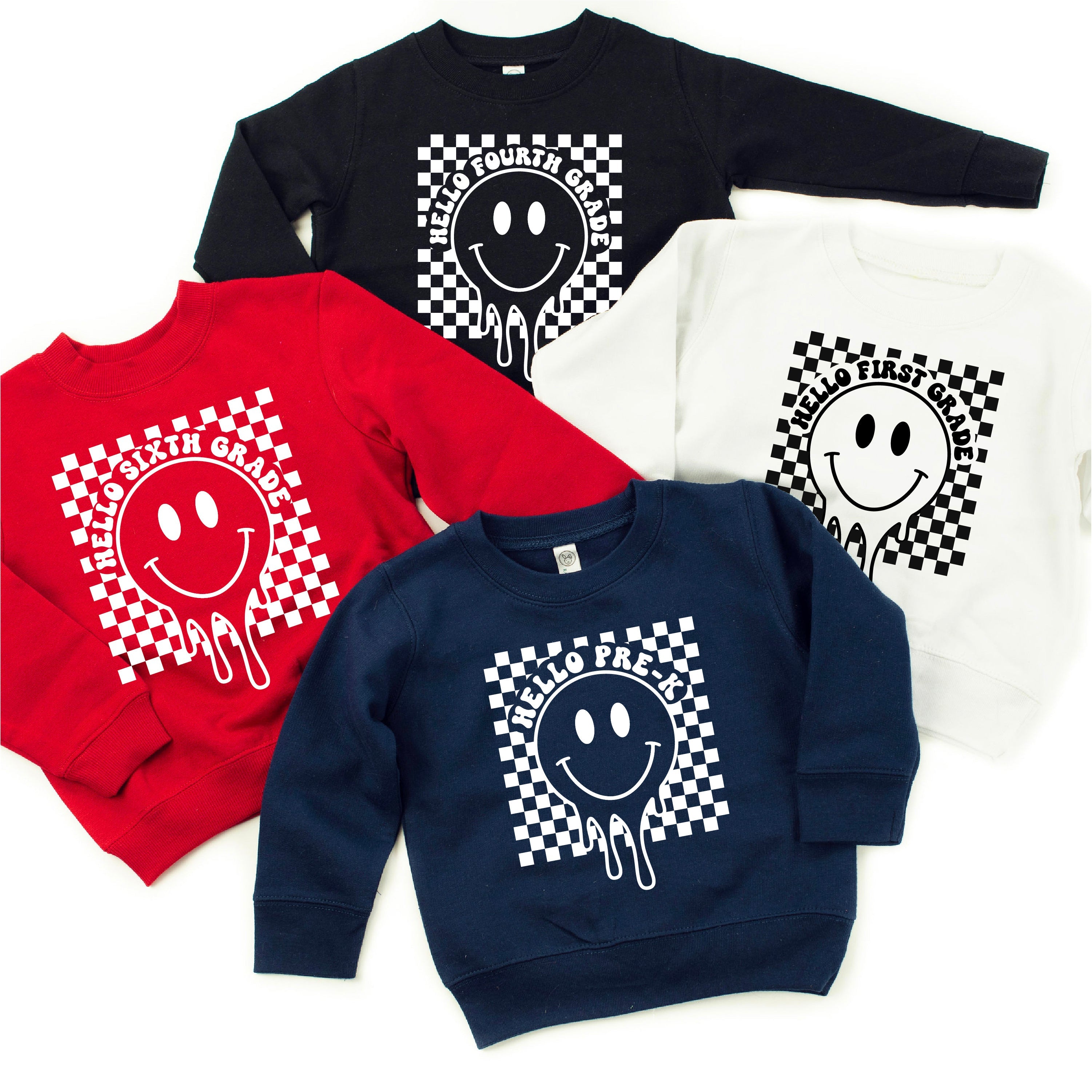 Hello (Choose Your Grade) - Checker Smiley - Child Sweater Little Mama Shirt Shop