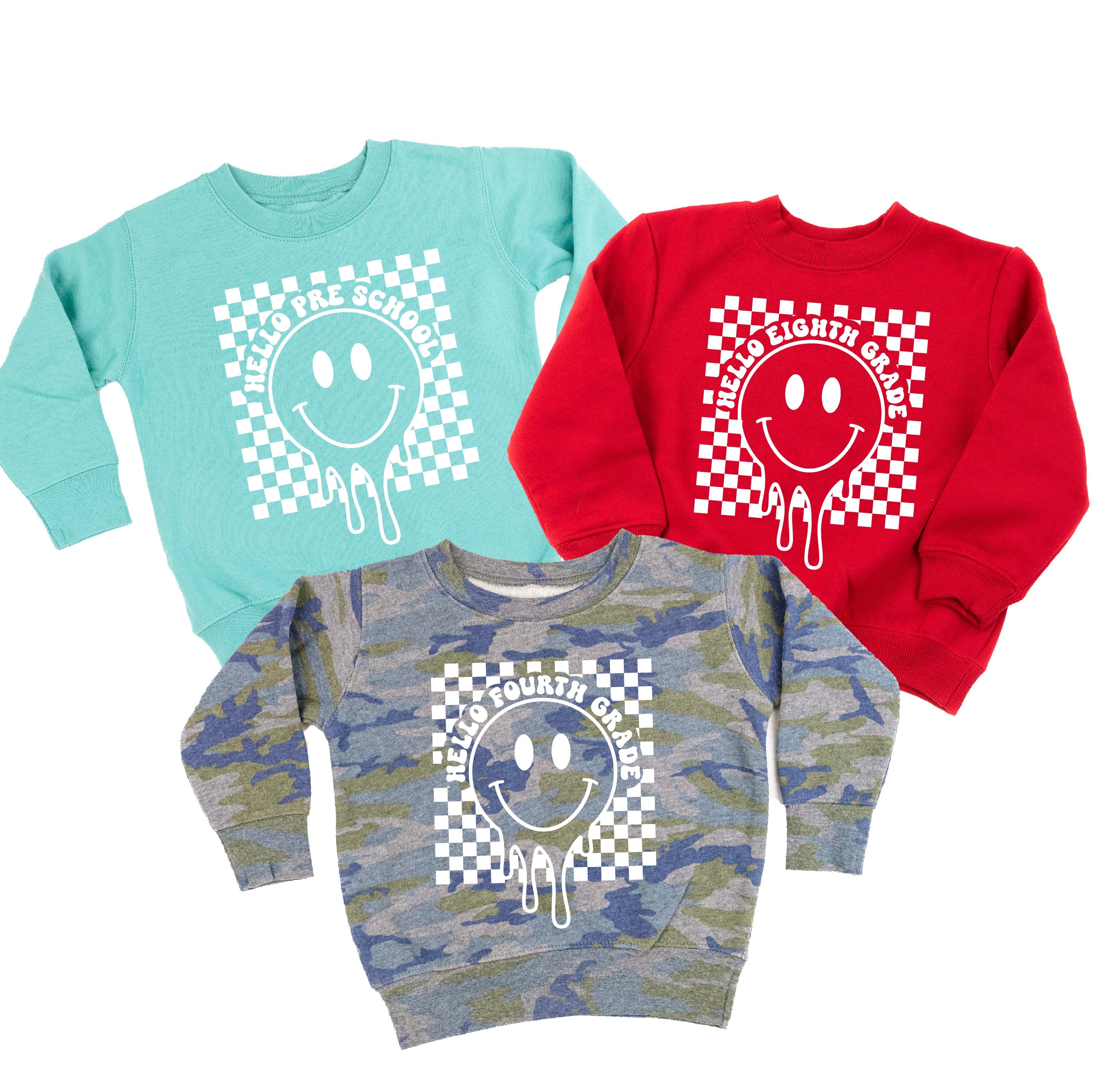 Hello (Choose Your Grade) - Checker Smiley - Child Sweater Little Mama Shirt Shop