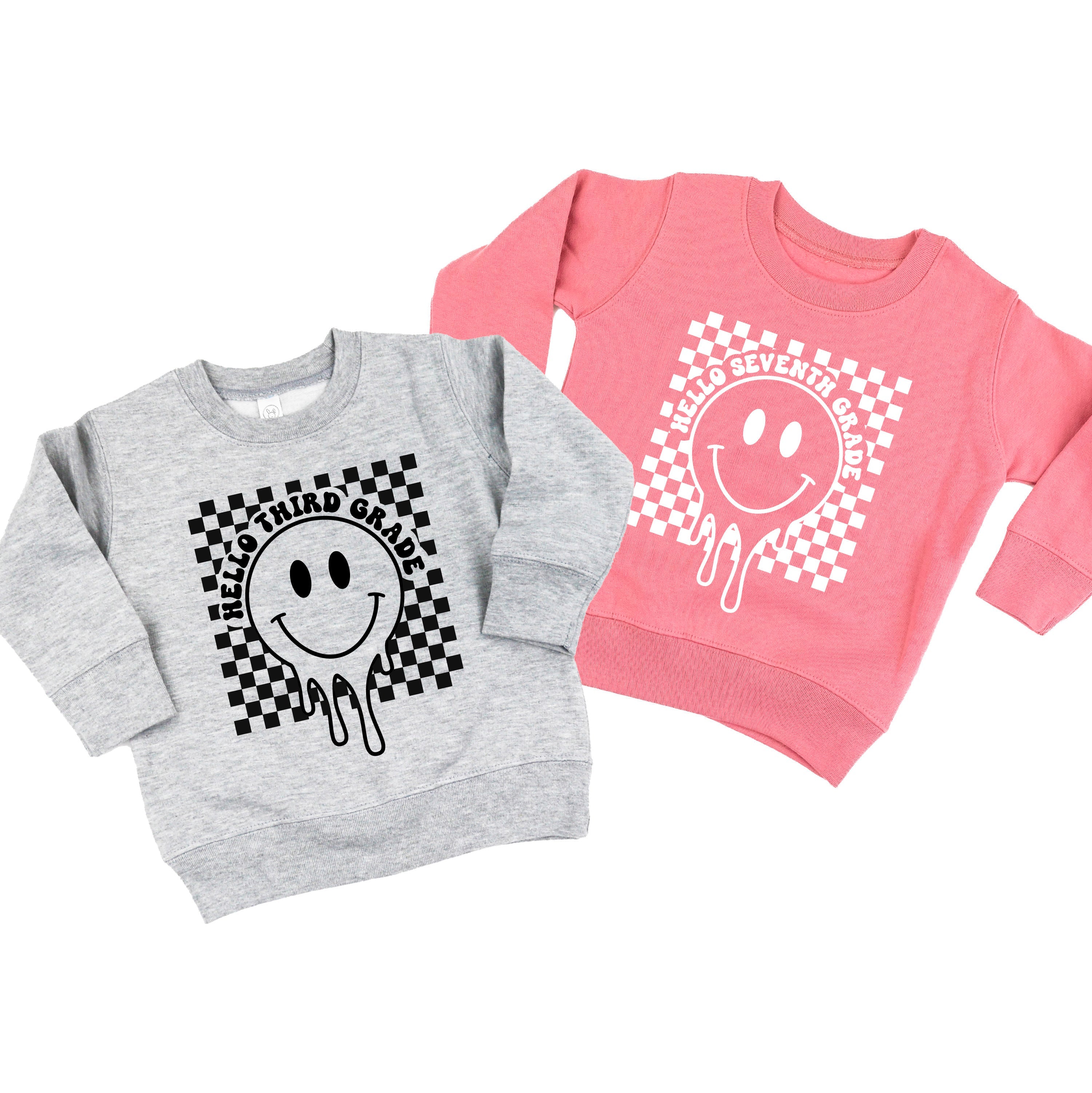 Hello (Choose Your Grade) - Checker Smiley - Child Sweater Little Mama Shirt Shop