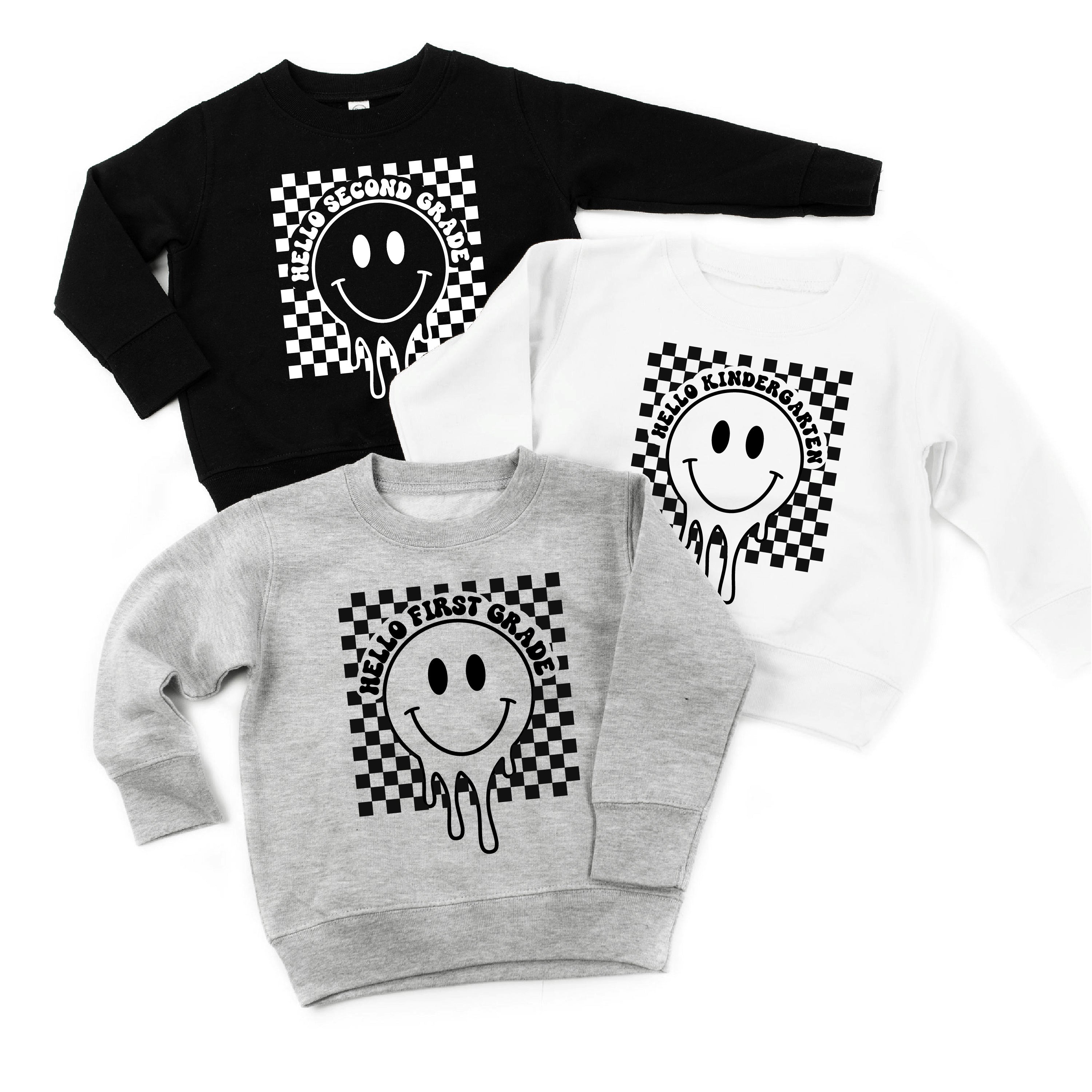 Hello (Choose Your Grade) - Checker Smiley - Child Sweater Little Mama Shirt Shop
