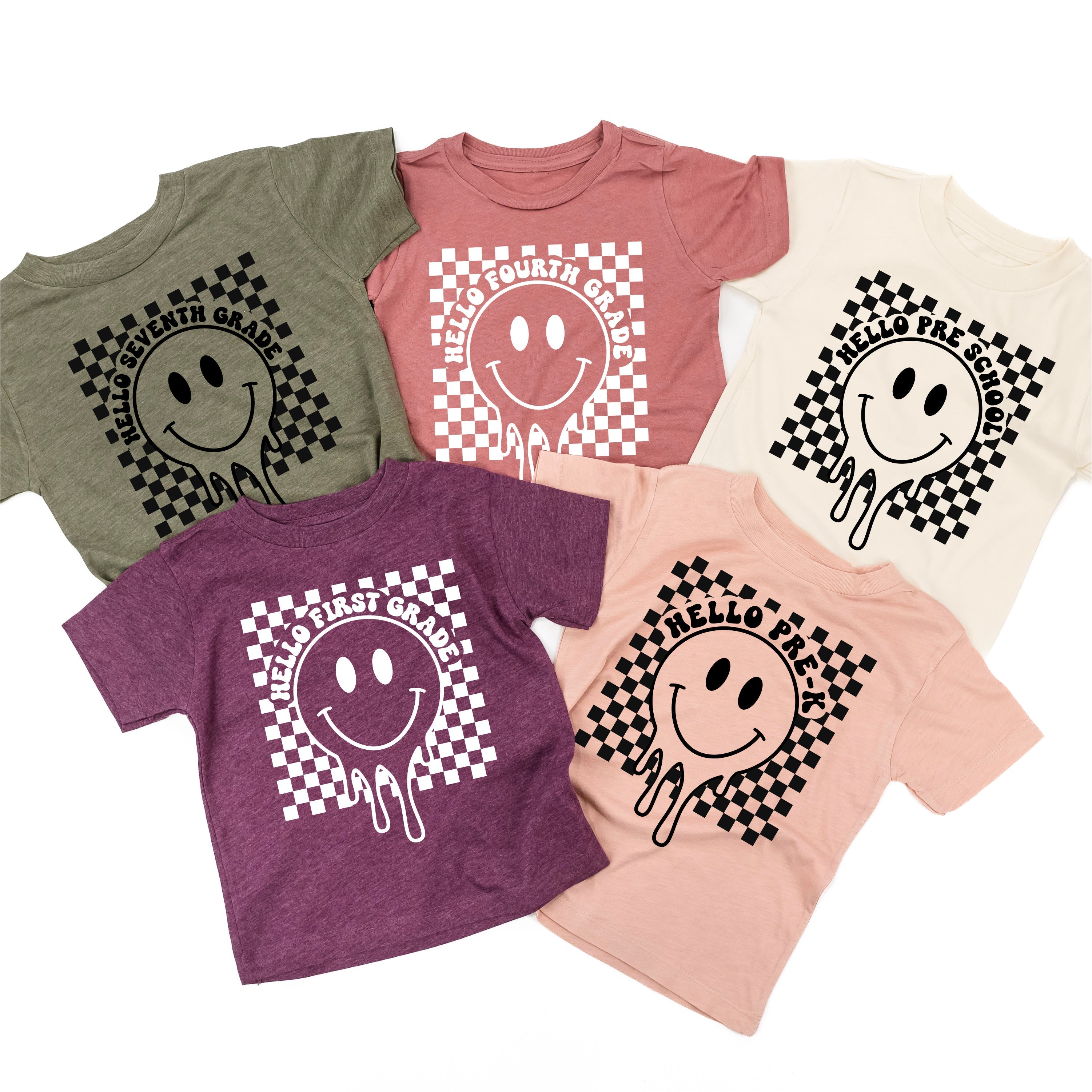 Hello (Choose Your Grade) - Checker Smiley - Child Tee Little Mama Shirt Shop