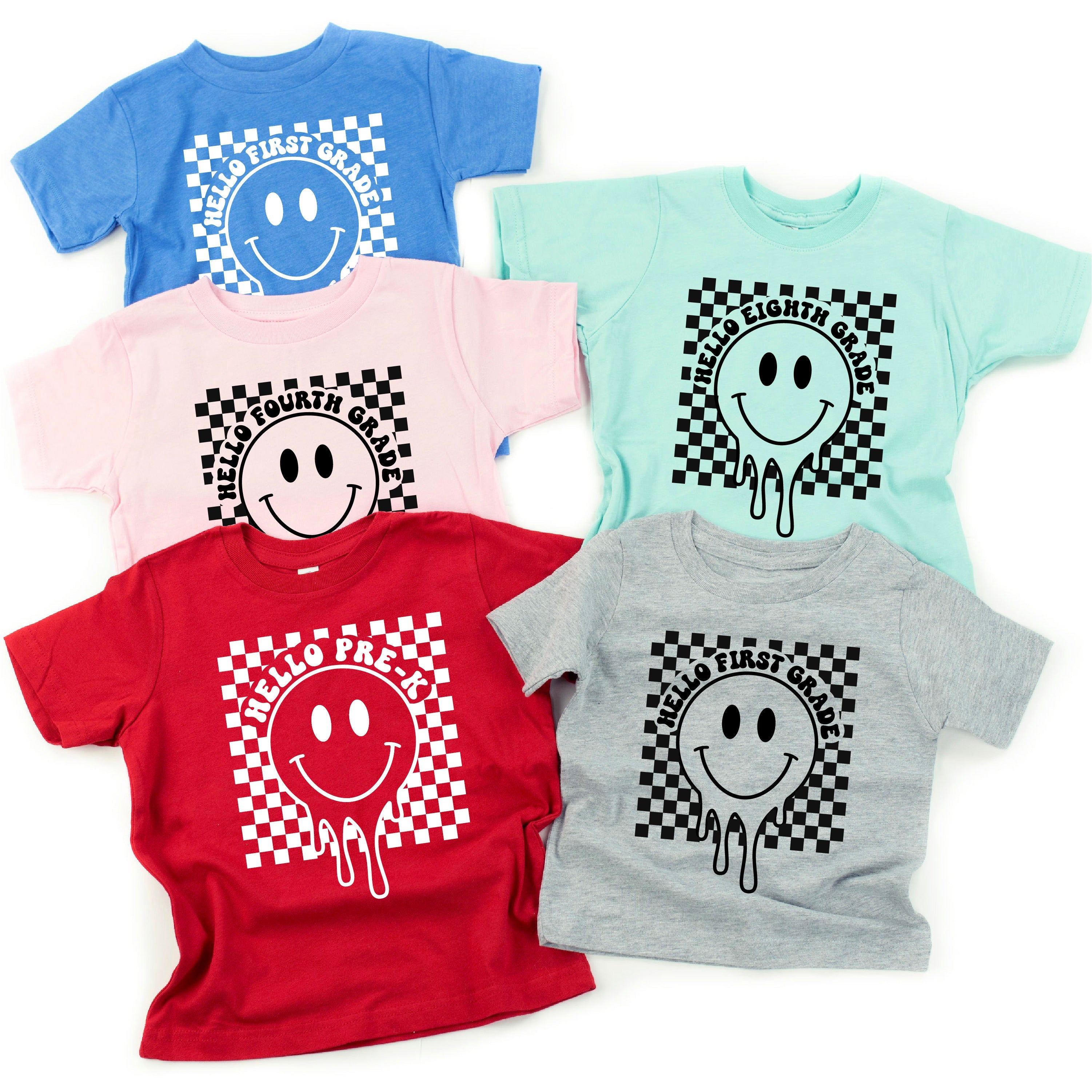 Hello (Choose Your Grade) - Checker Smiley - Child Tee Little Mama Shirt Shop