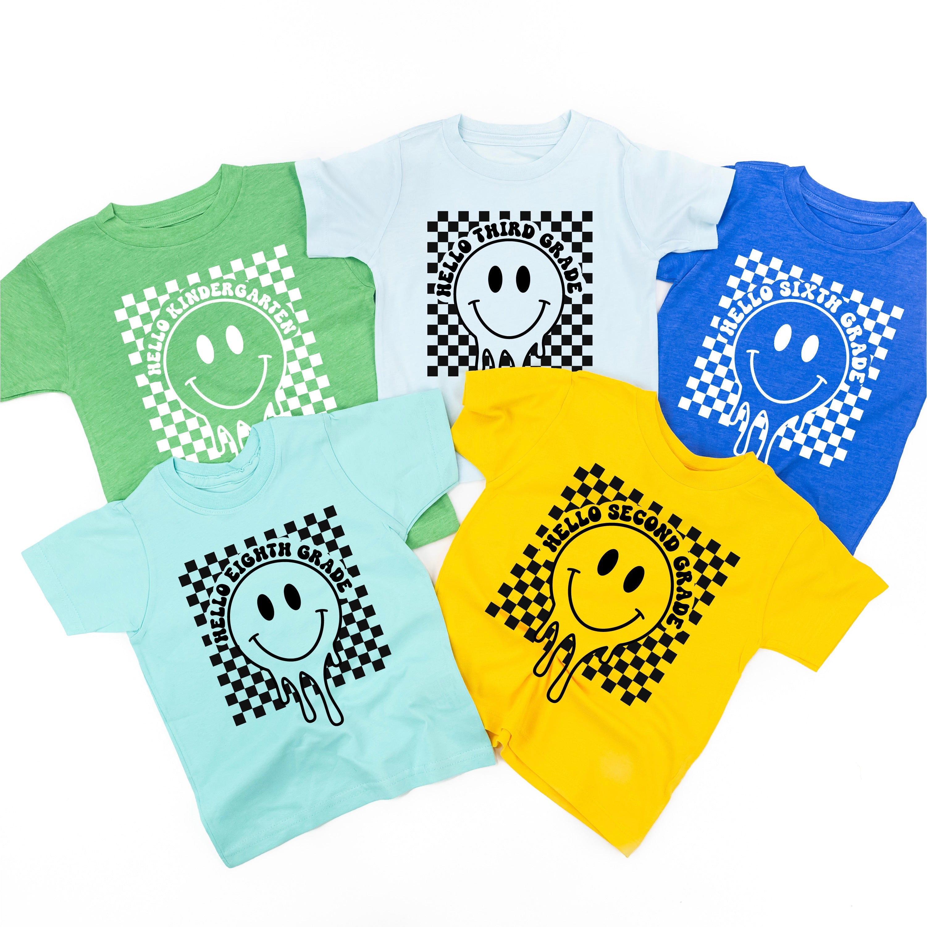 Hello (Choose Your Grade) - Checker Smiley - Child Tee Little Mama Shirt Shop