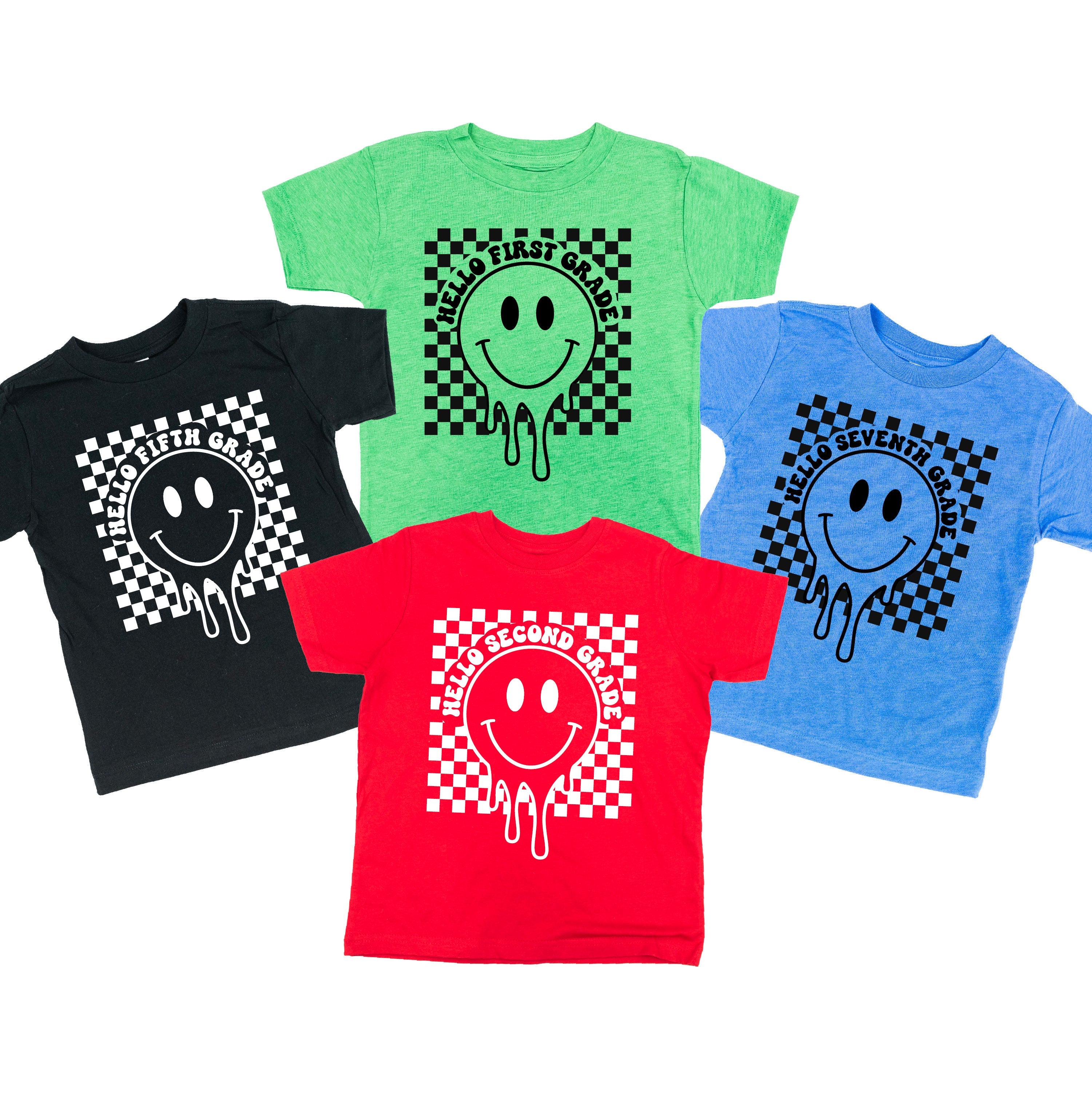 Hello (Choose Your Grade) - Checker Smiley - Child Tee Little Mama Shirt Shop