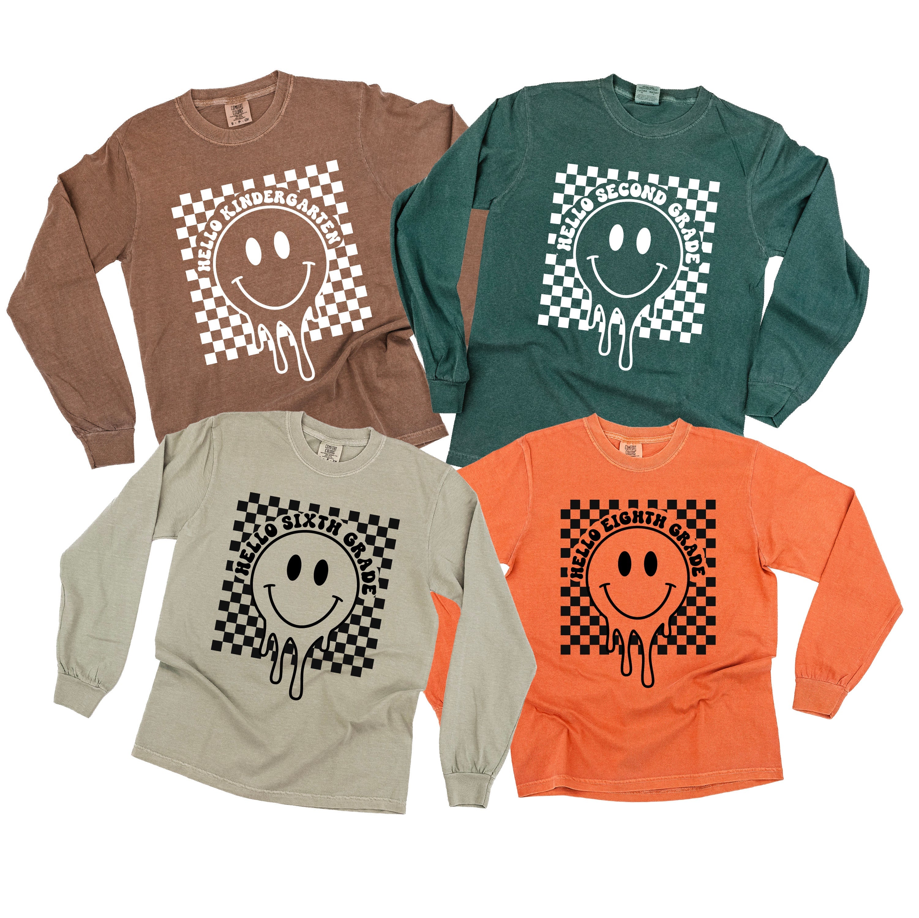 Hello (Choose Your Grade) - Checker Smiley - LONG SLEEVE Comfort Colors Tee Little Mama Shirt Shop