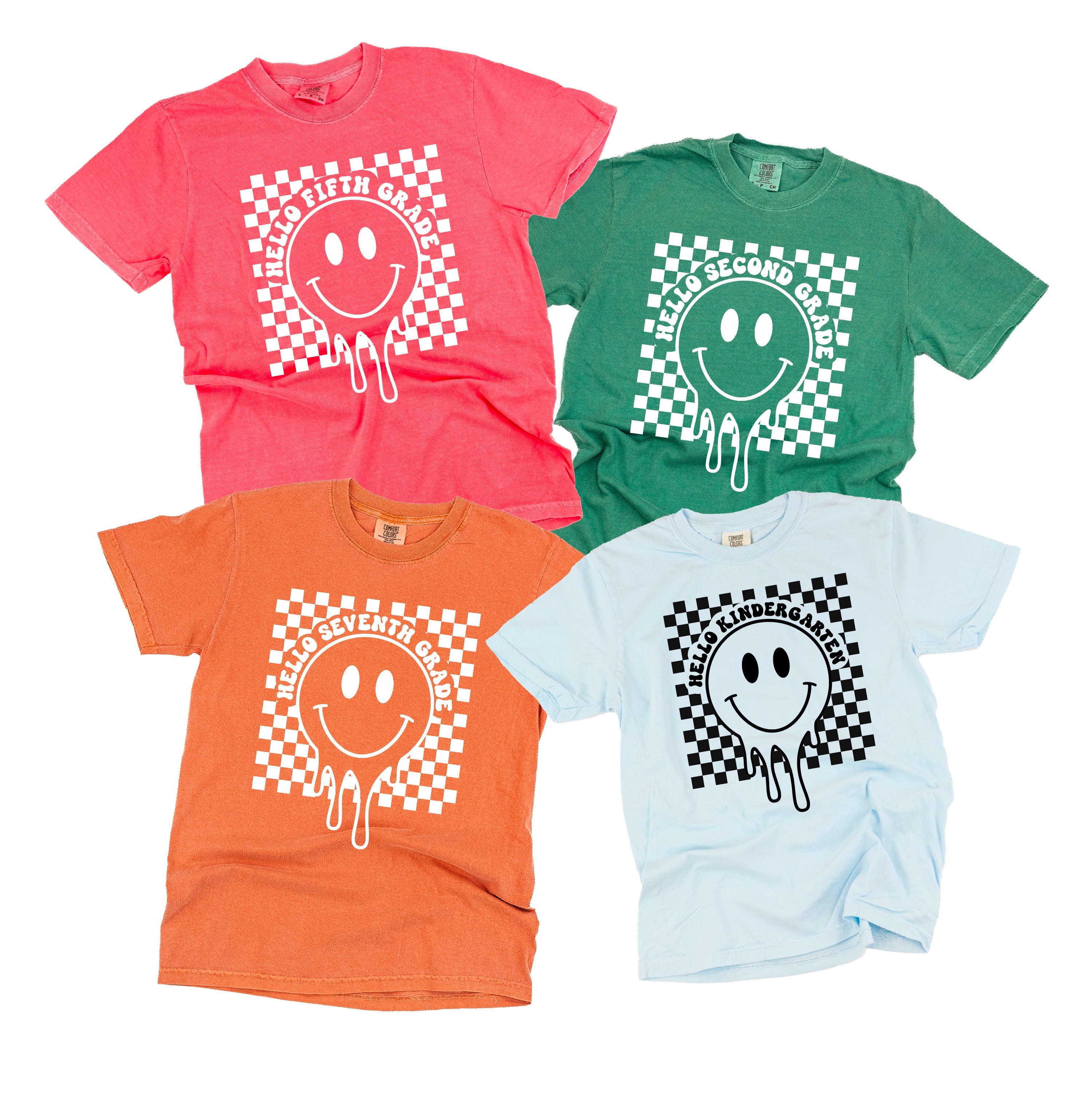 Hello (Choose Your Grade) - Checker Smiley - Comfort Colors Tee Little Mama Shirt Shop