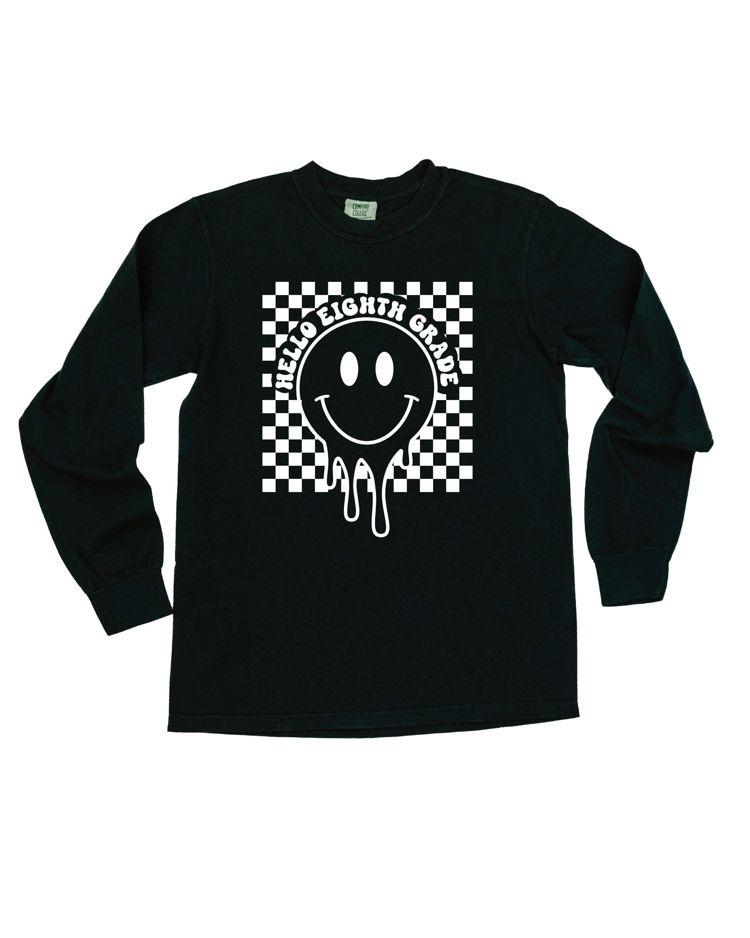 Hello (Choose Your Grade) - Checker Smiley - Long Sleeve Comfort Colors Tee Little Mama Shirt Shop
