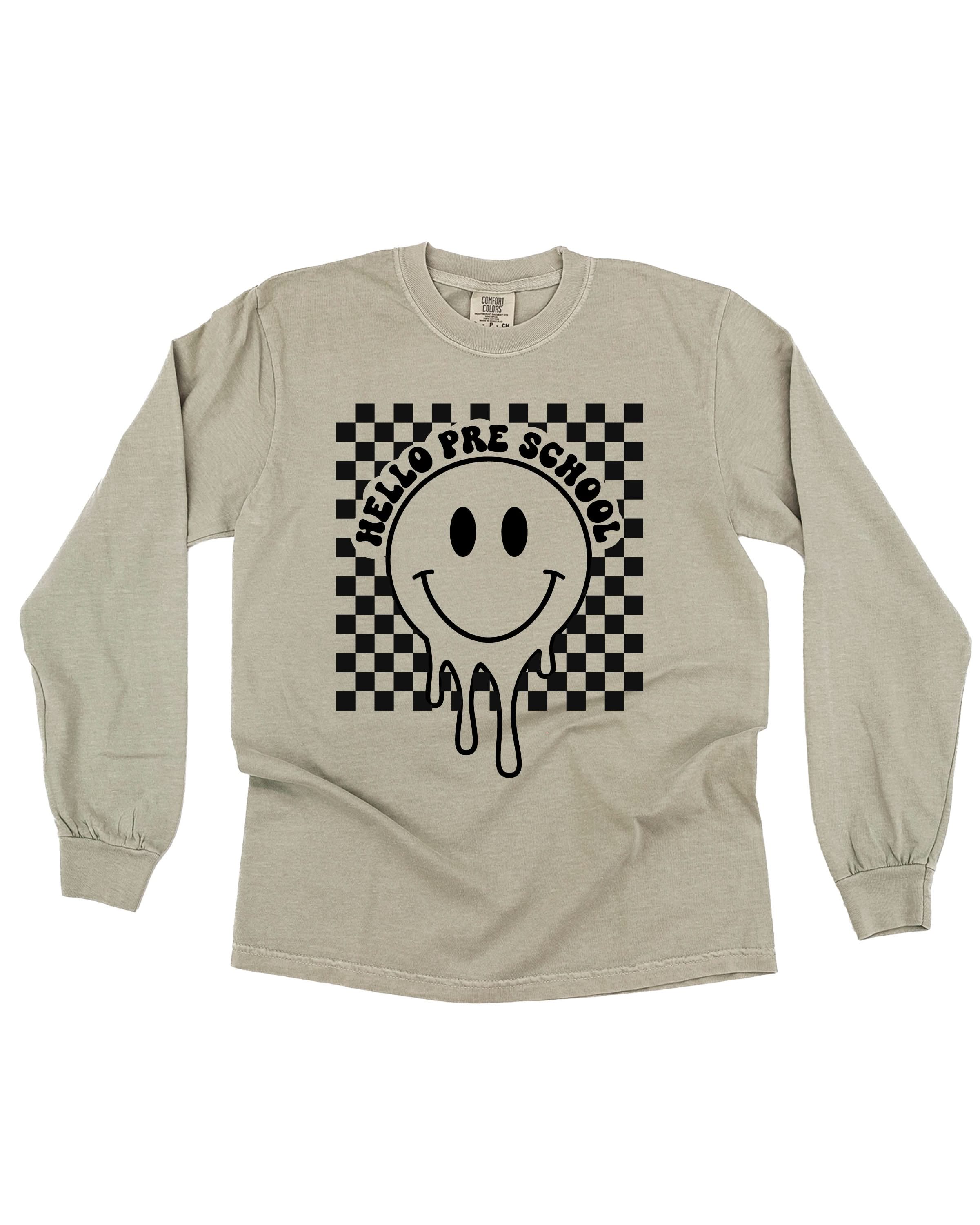 Hello (Choose Your Grade) - Checker Smiley - Long Sleeve Comfort Colors Tee Little Mama Shirt Shop