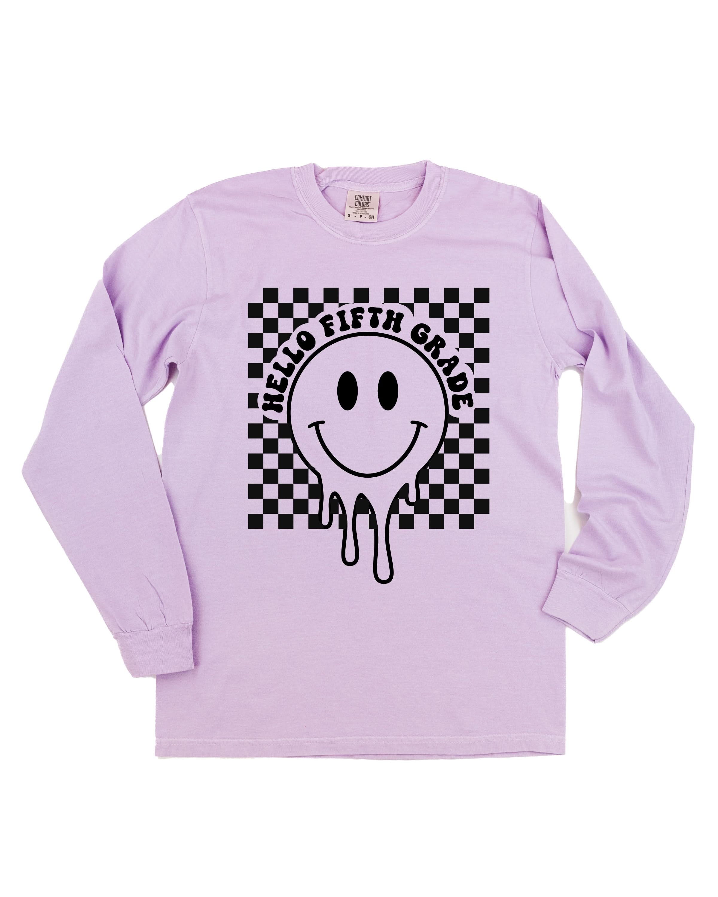 Hello (Choose Your Grade) - Checker Smiley - Long Sleeve Comfort Colors Tee Little Mama Shirt Shop