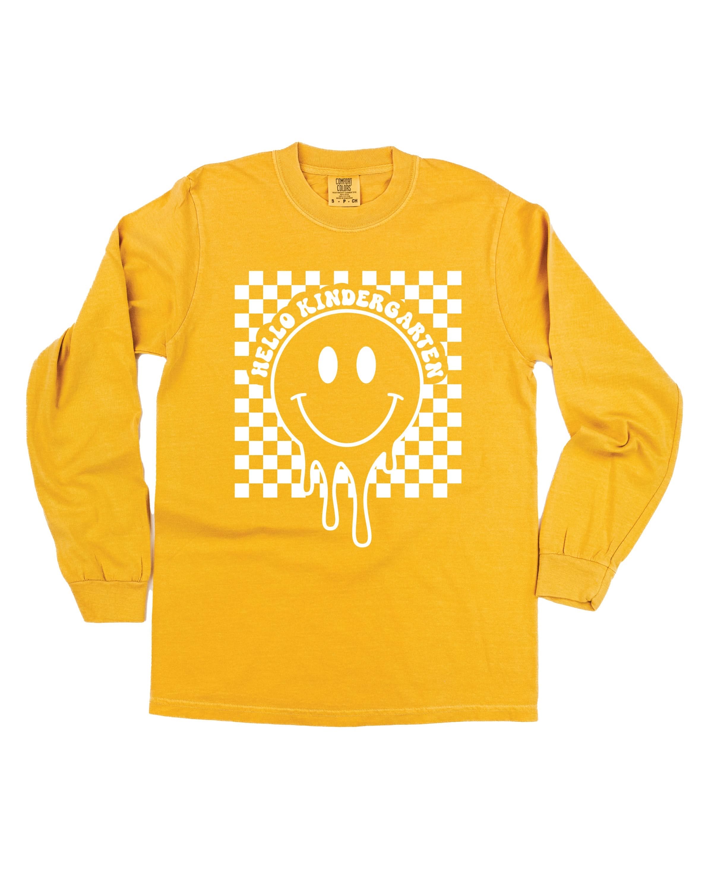 Hello (Choose Your Grade) - Checker Smiley - Long Sleeve Comfort Colors Tee Little Mama Shirt Shop