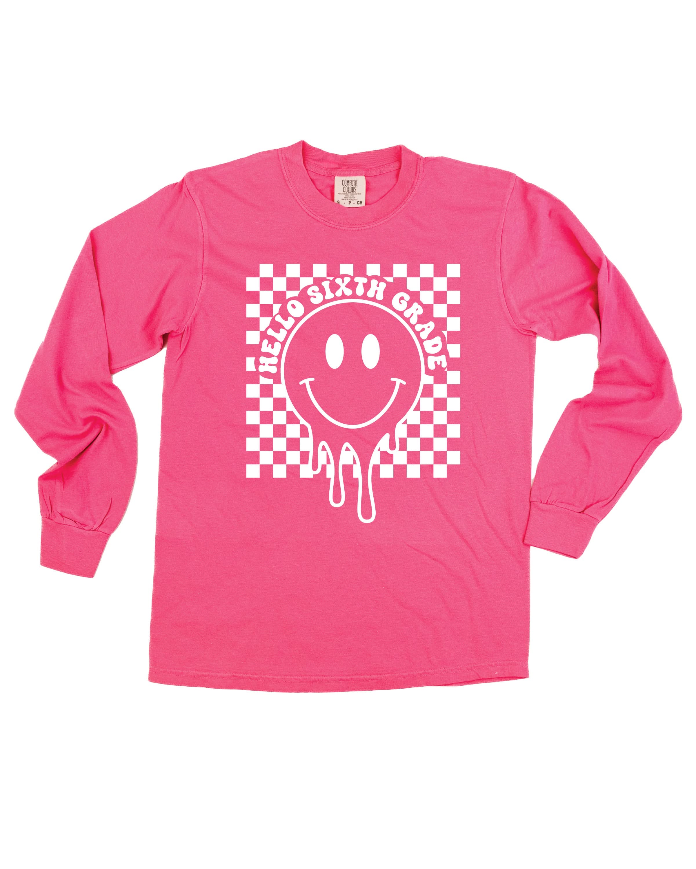 Hello (Choose Your Grade) - Checker Smiley - Long Sleeve Comfort Colors Tee Little Mama Shirt Shop
