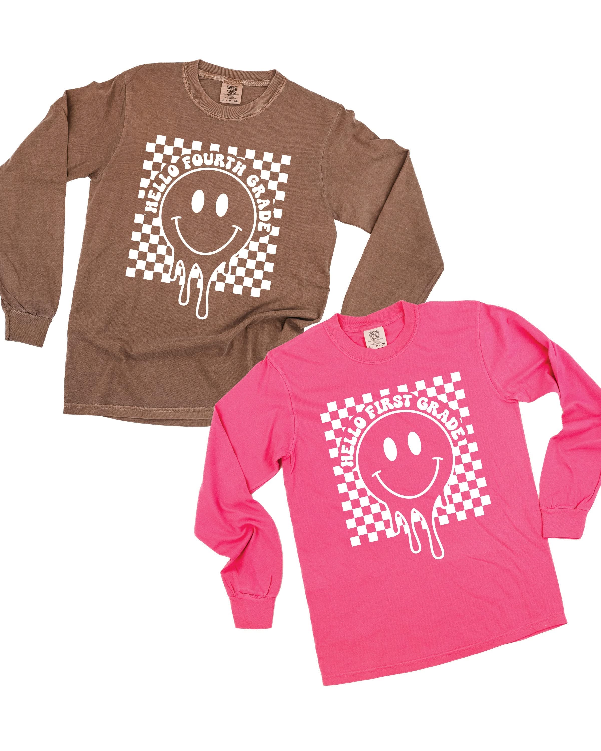 Hello (Choose Your Grade) - Checker Smiley - Long Sleeve Comfort Colors Tee Little Mama Shirt Shop