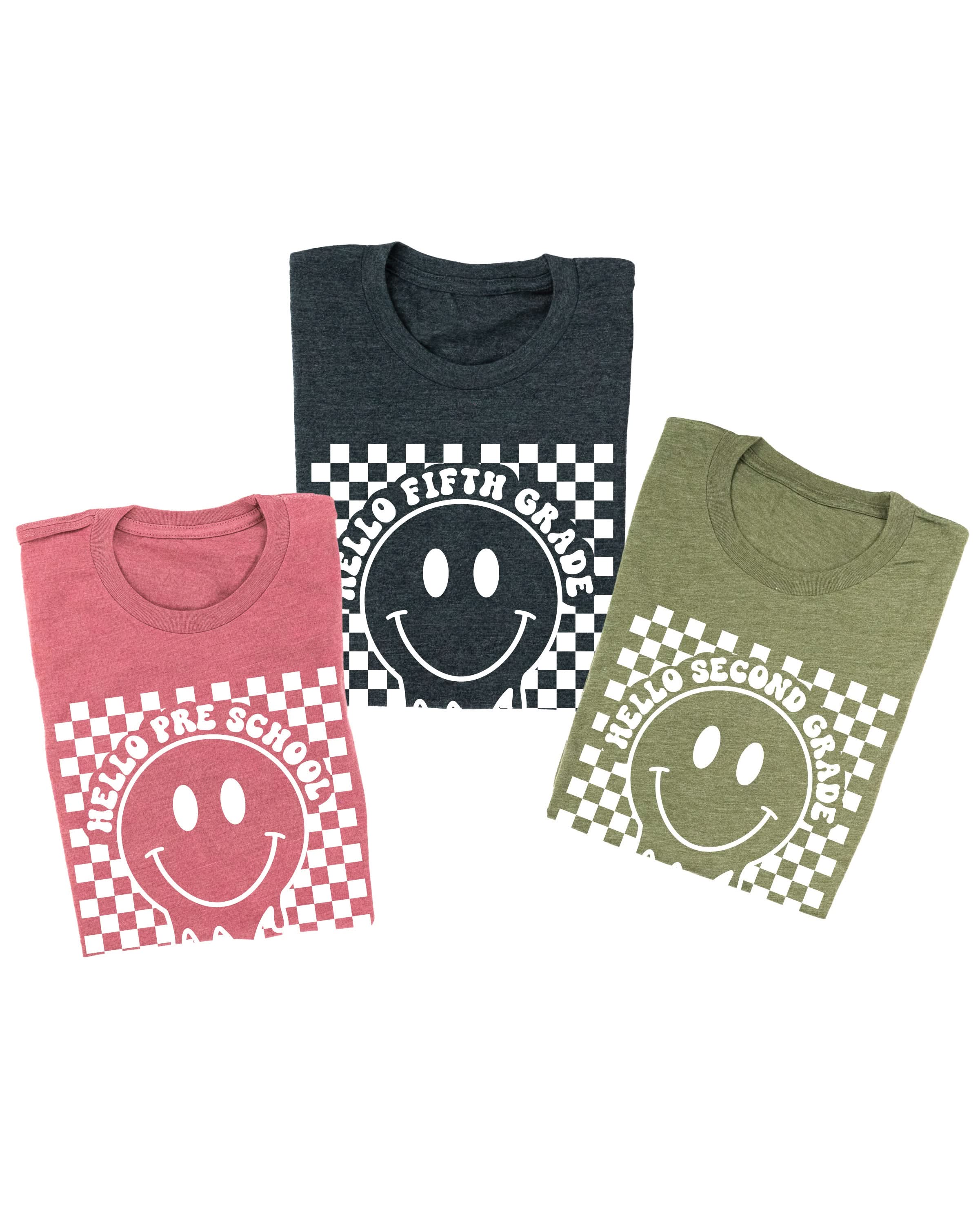 Hello (Choose Your Grade) - Checker Smiley - Unisex Tee Little Mama Shirt Shop