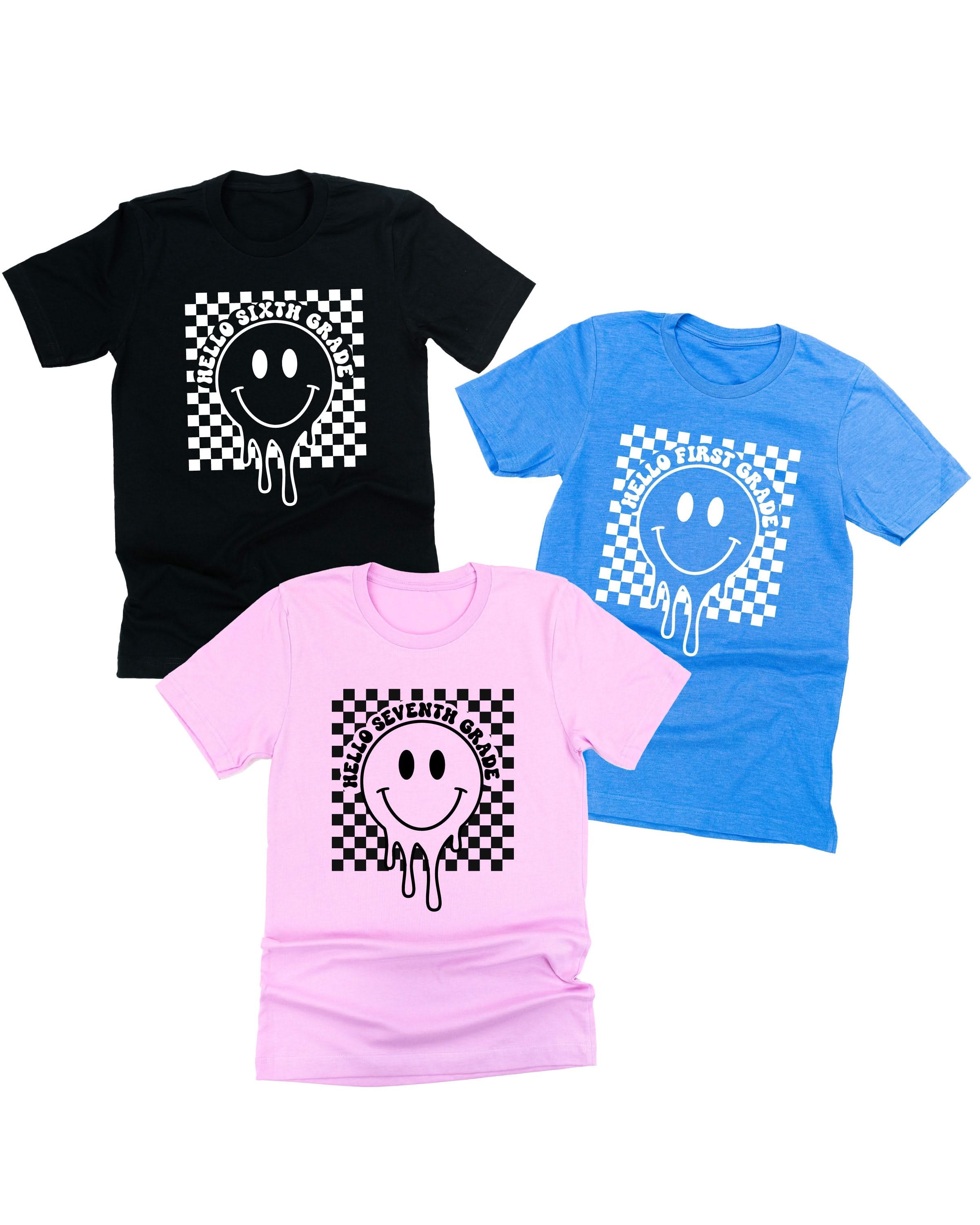 Hello (Choose Your Grade) - Checker Smiley - Unisex Tee Little Mama Shirt Shop