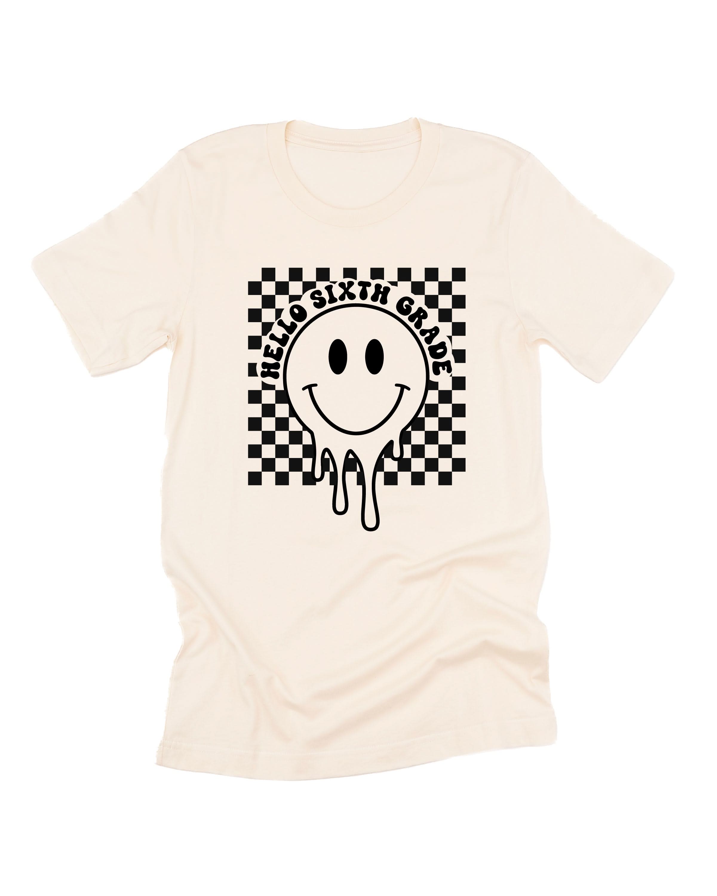 Hello (Choose Your Grade) - Checker Smiley - Unisex Tee Little Mama Shirt Shop