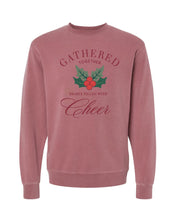 Adult sweater in maroon with 'gathered together hears filled with cheer' design on front, shown on model – Little Mama Shirt Shop