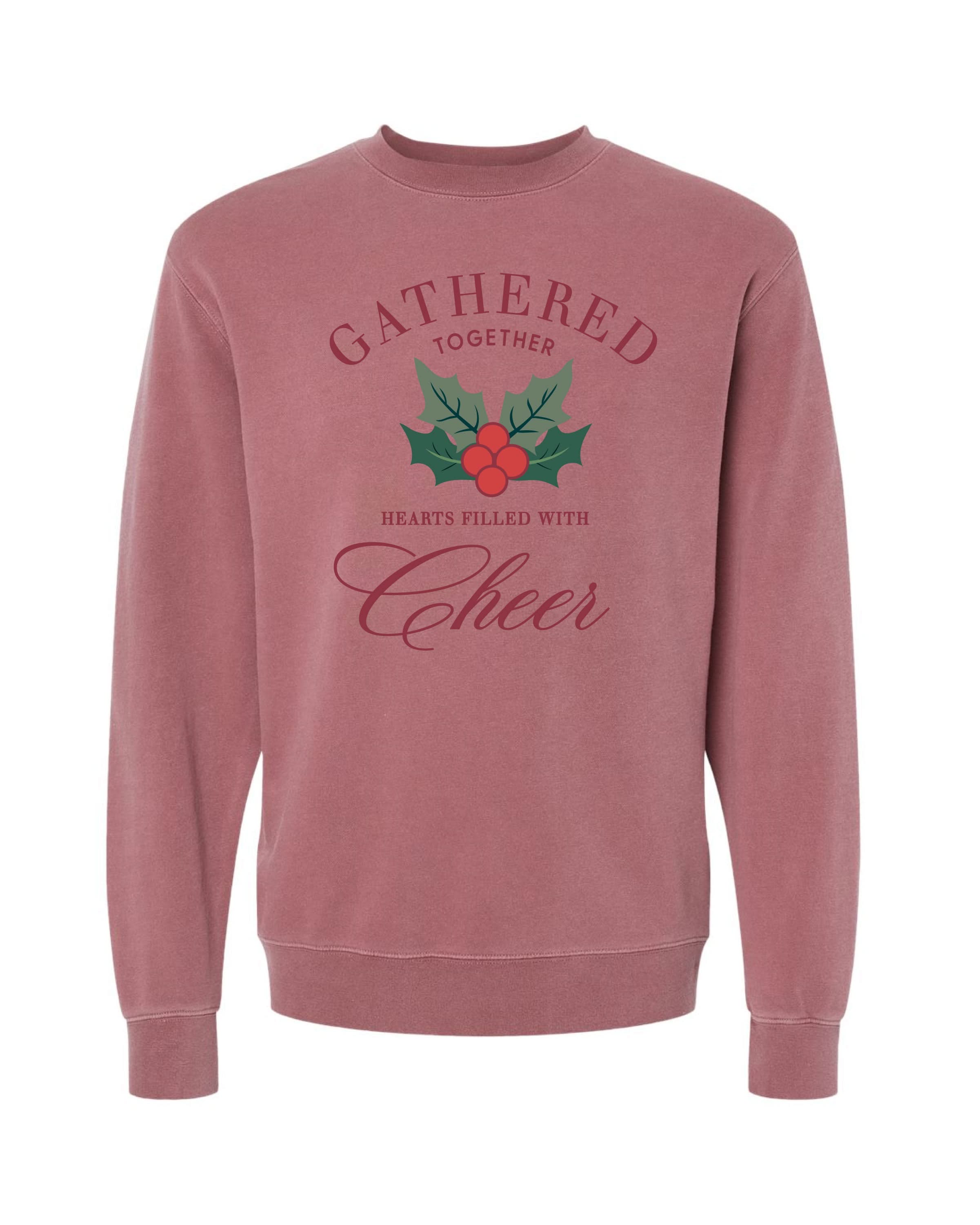 Adult sweater in maroon with 'gathered together hears filled with cheer' design on front, shown on model – Little Mama Shirt Shop