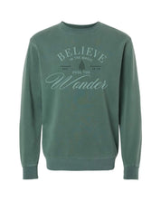 Adult sweater in alpine with 'Believe in the magic, feel the wonder' designs on front, shown on model – Little Mama Shirt Shop