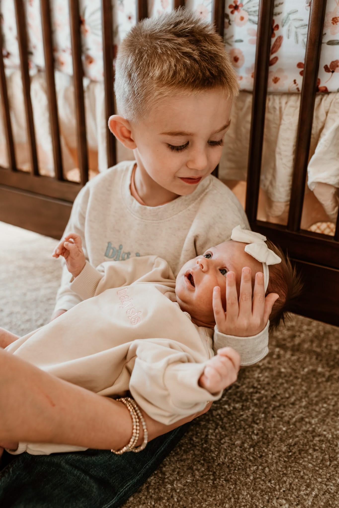 Baby Sis / Baby Bro – Embroidered Cream Bubble Romper | Pink or Blue Thread Little Mama Shirt Shop LLC