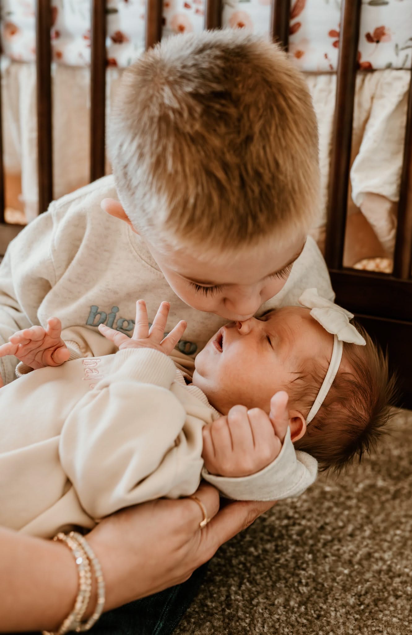 Baby Sis / Baby Bro – Embroidered Cream Bubble Romper | Pink or Blue Thread Little Mama Shirt Shop LLC