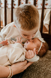 Baby Sis / Baby Bro – Embroidered Cream Bubble Romper | Pink or Blue Thread Little Mama Shirt Shop LLC