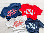 Kids USA shirts in red, white, and blue with gingham lettering, classic 4th of July outfits for children