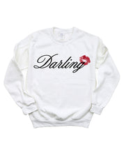 Adult white sweater with "Darling" script and lipstick kiss design, shown on flat lay  – Little Mama Shirt Shop