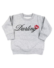 Child gray sweater with "Darling" script and lipstick kiss design, shown on flat lay  – Little Mama Shirt Shop