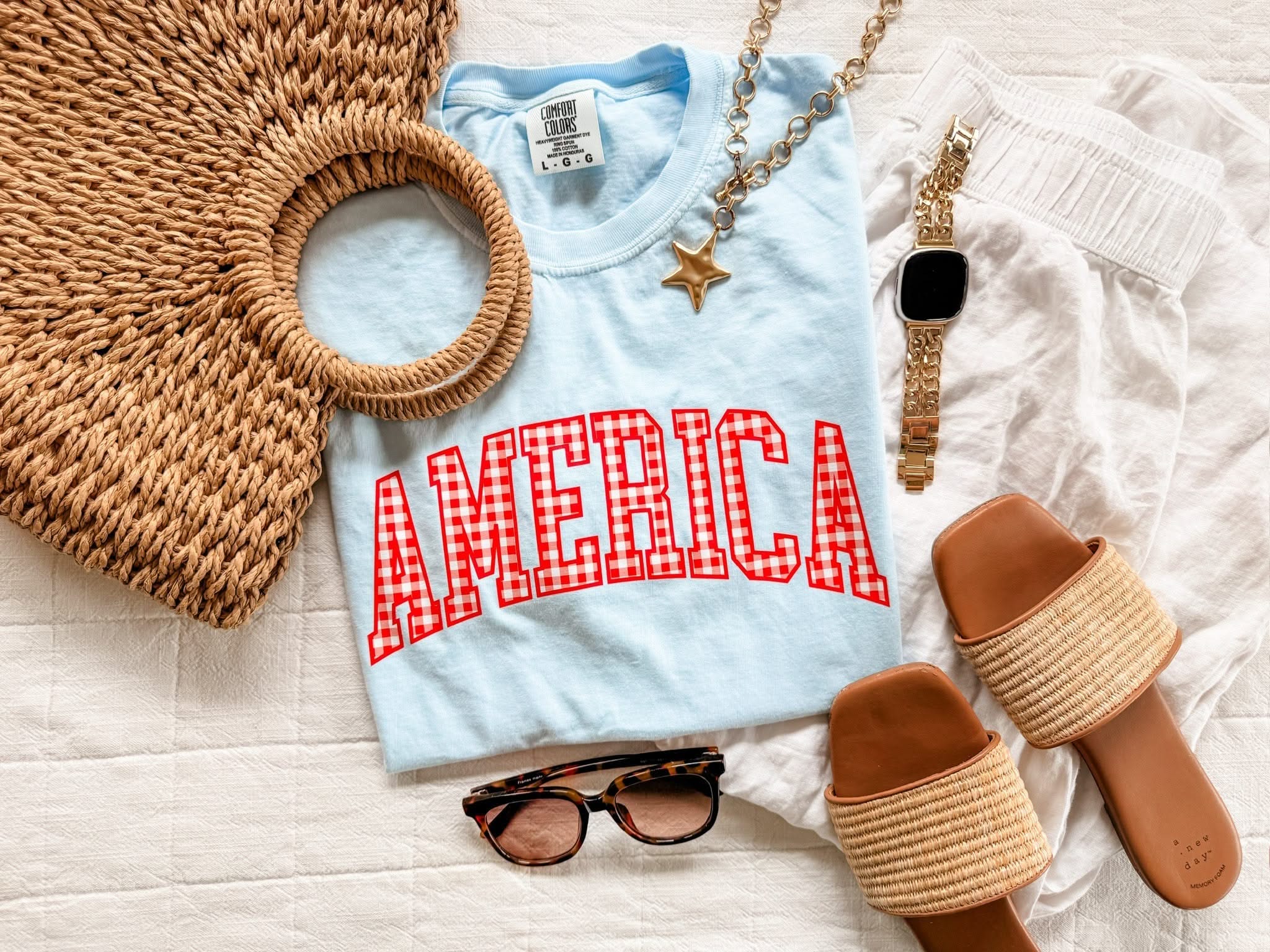 Light Blue with red gingham AMERICA graphic tee, red white and blue patriotic shirt, vintage inspired 4th of July outfit, casual summer mom style