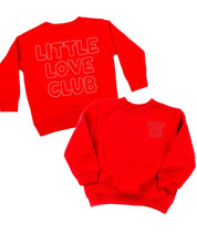Child sweater in red with "Little Love Club"  bubble letter text design on front left chest and back, shown on flat lay – Little Mama Shirt Shop