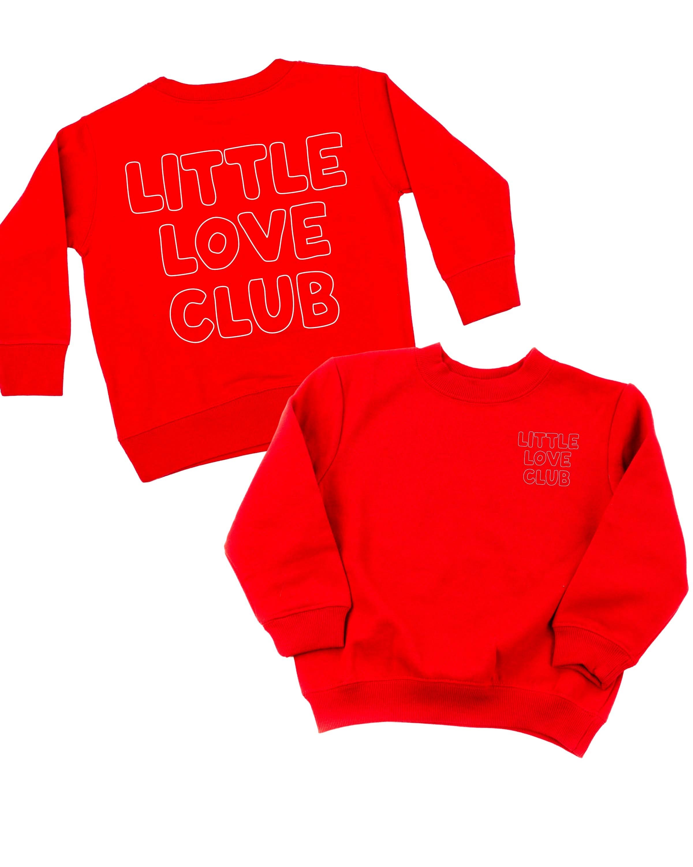 Child sweater in red with "Little Love Club"  bubble letter text design on front left chest and back, shown on flat lay – Little Mama Shirt Shop
