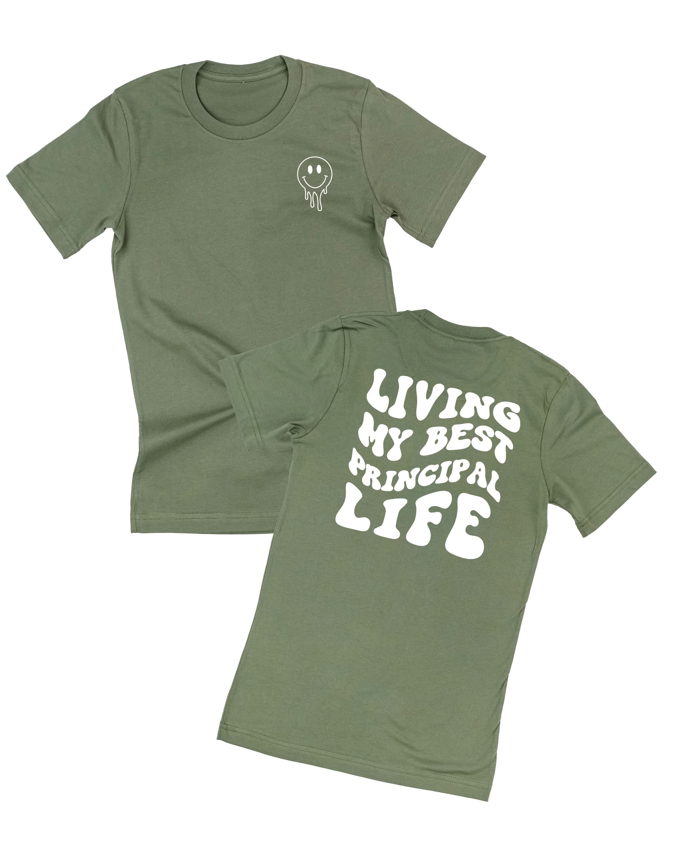 Living My Best Principal Life - Melty Smiley (pf & b) - Unisex Tee Little Mama Shirt Shop