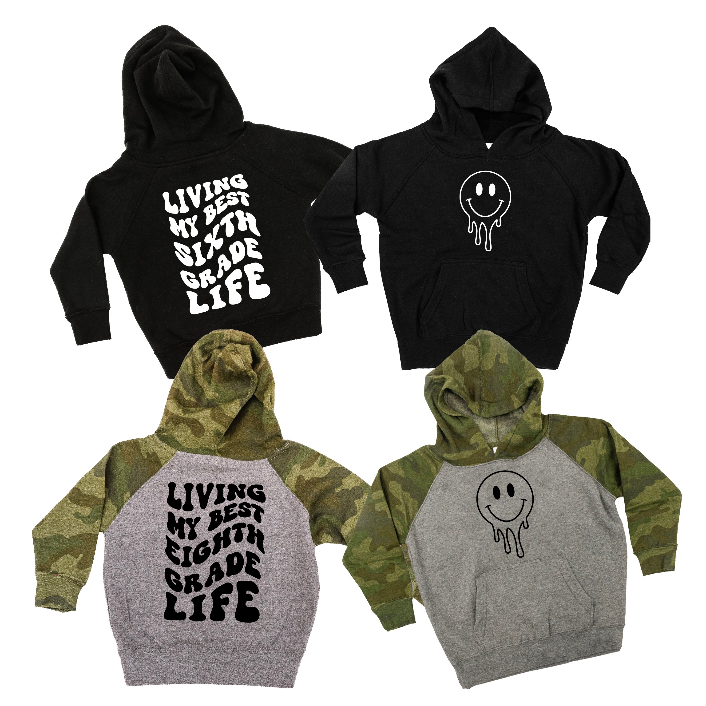 Living My Best (Choose Your Grade) Life - Melty Smiley (f & b) - Child HOODIE Little Mama Shirt Shop LLC