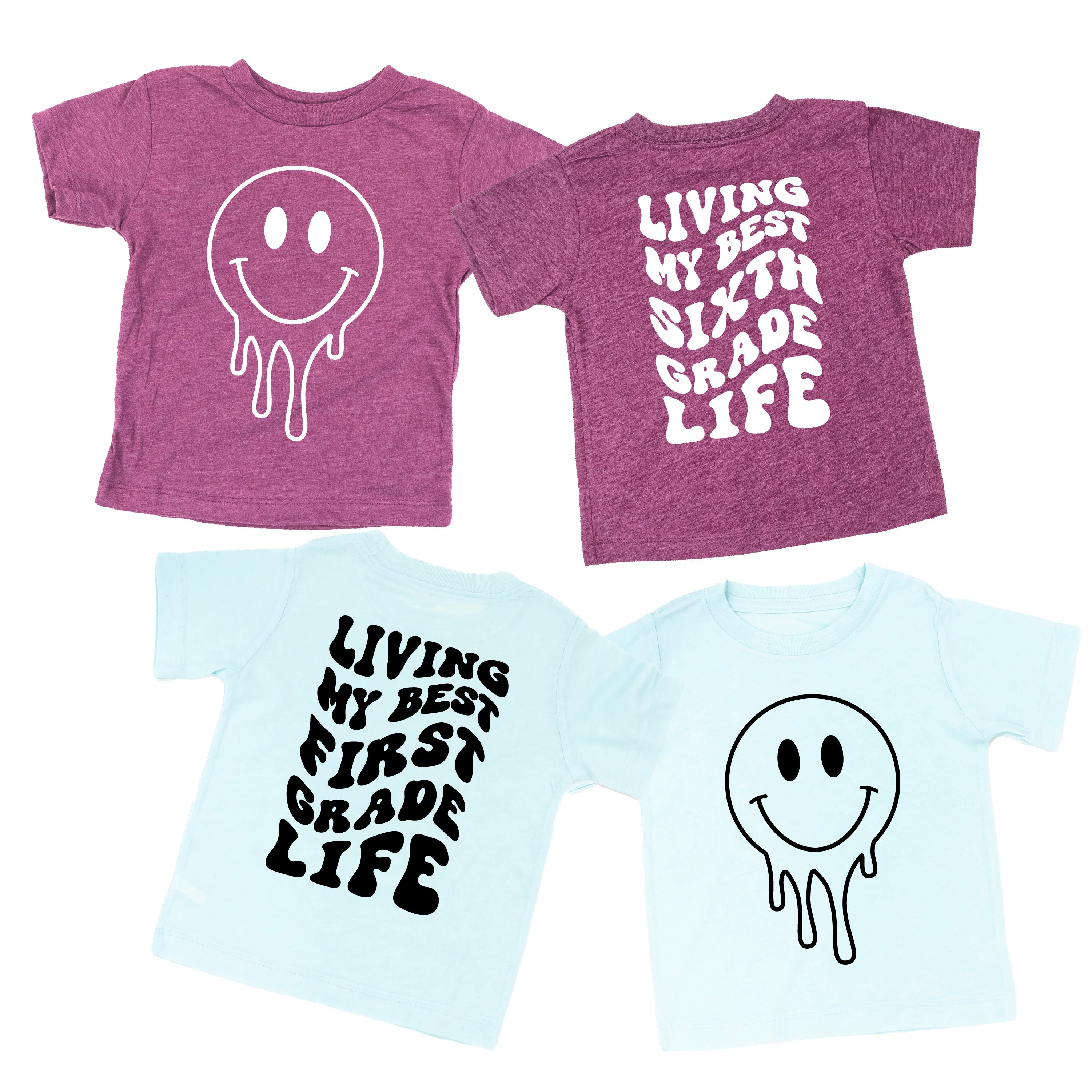 Living My Best (Choose Your Grade) Life - Melty Smiley (f & b) - Child Tee Little Mama Shirt Shop