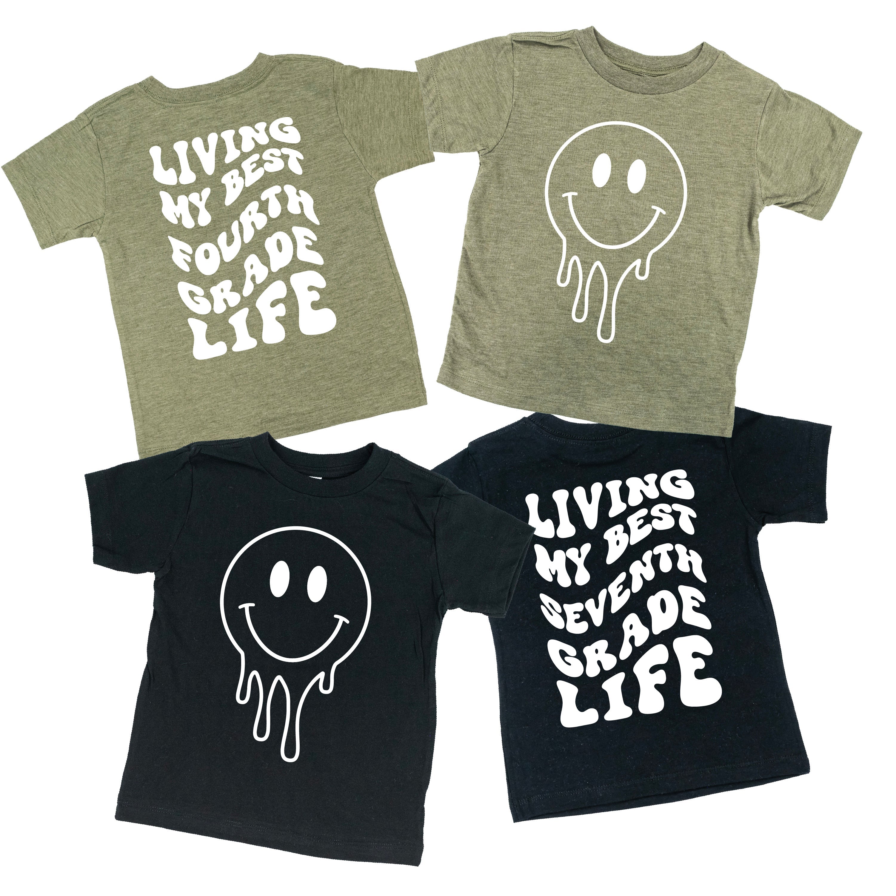 Living My Best (Choose Your Grade) Life - Melty Smiley (f & b) - Child Tee Little Mama Shirt Shop