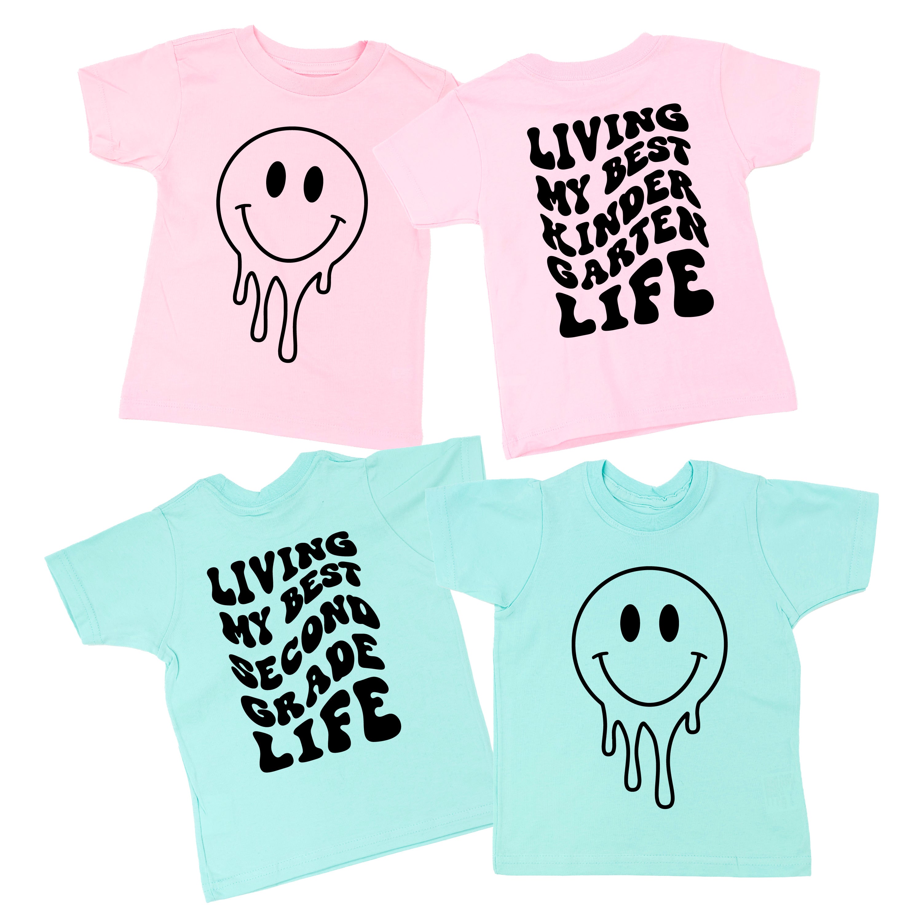 Living My Best (Choose Your Grade) Life - Melty Smiley (f & b) - Child Tee Little Mama Shirt Shop