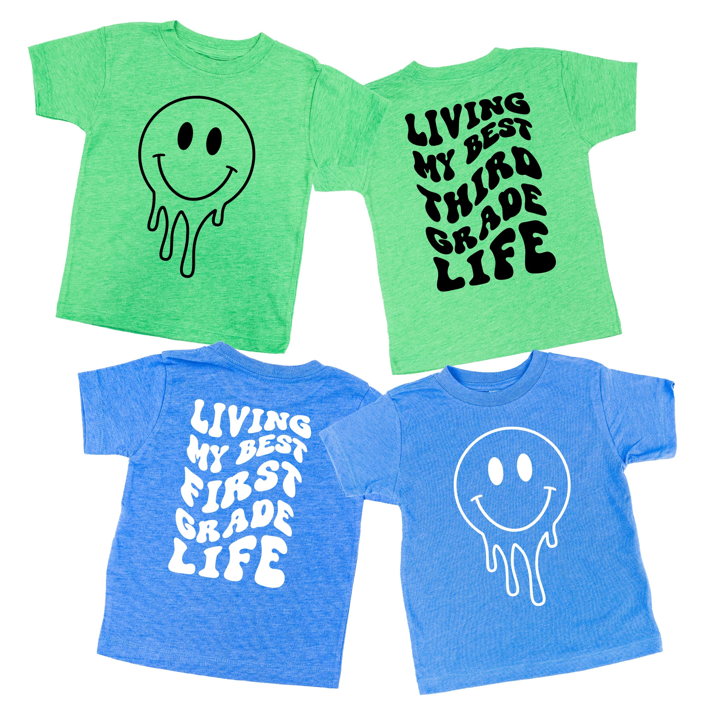 Living My Best (Choose Your Grade) Life - Melty Smiley (f & b) - Child Tee Little Mama Shirt Shop