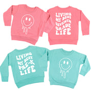 Living My Best (Choose Your Grade) Life - Melty Smiley (f & b) - Child Sweater Little Mama Shirt Shop