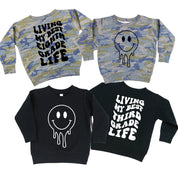 Living My Best (Choose Your Grade) Life - Melty Smiley (f & b) - Child Sweater Little Mama Shirt Shop