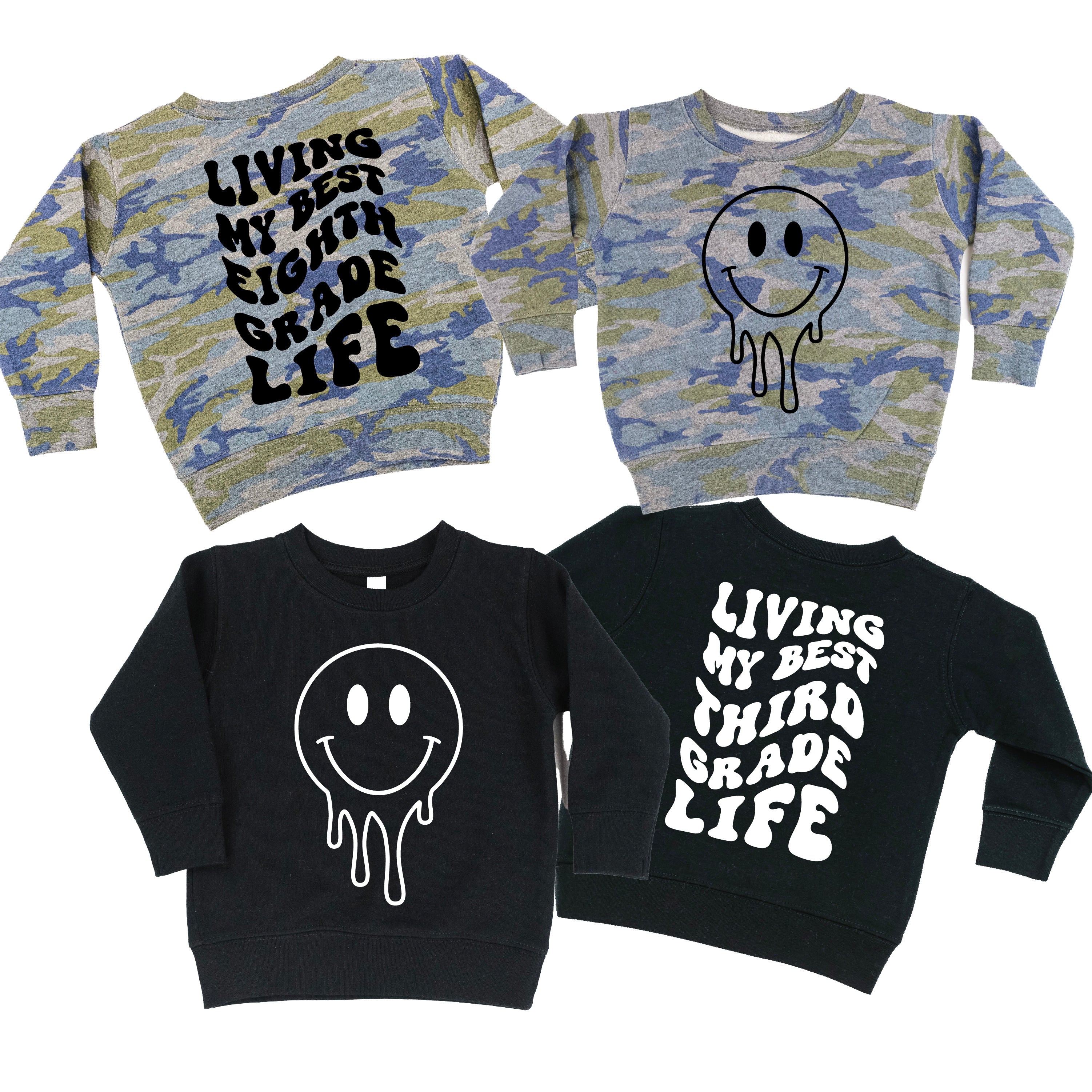 Living My Best (Choose Your Grade) Life - Melty Smiley (f & b) - Child Sweater Little Mama Shirt Shop