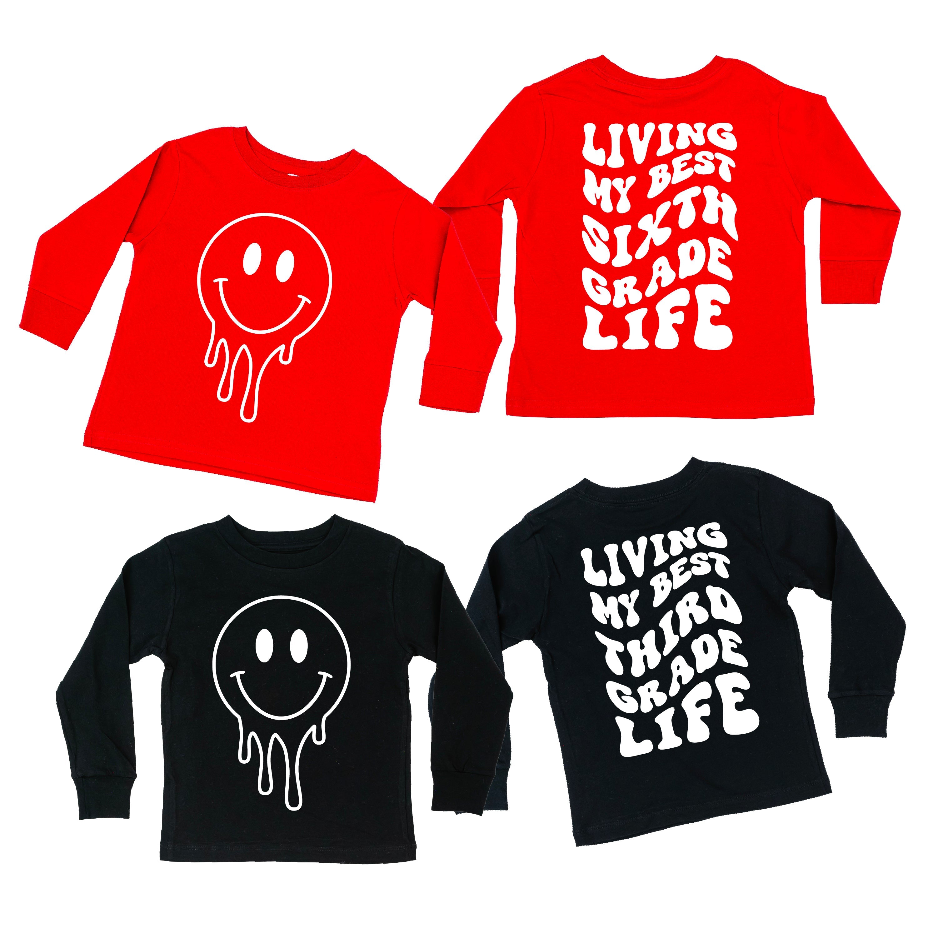 Living My Best (Choose Your Grade) Life - Melty Smiley (f & b) - Child LONG SLEEVE Tee Little Mama Shirt Shop