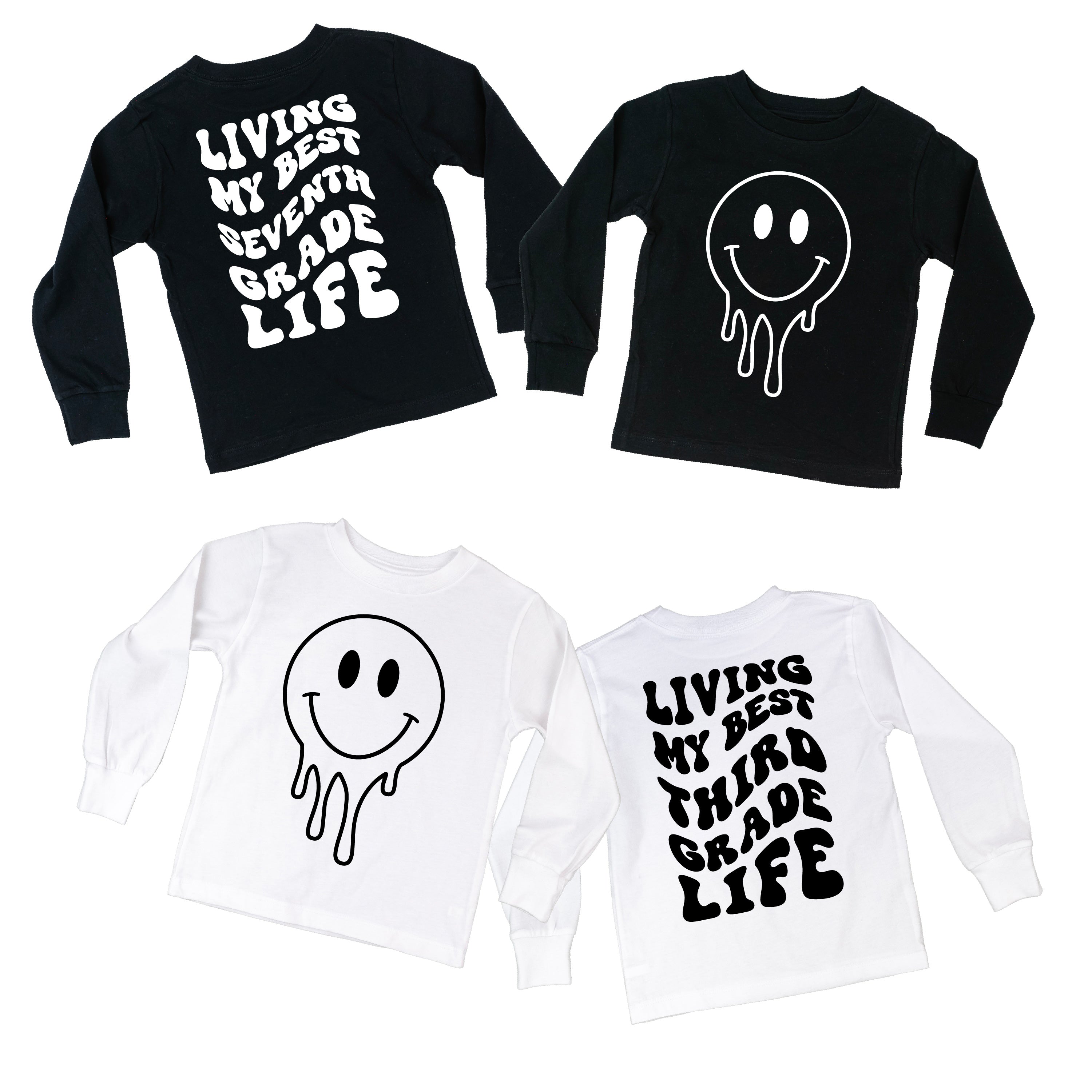 Living My Best (Choose Your Grade) Life - Melty Smiley (f & b) - Child LONG SLEEVE Tee Little Mama Shirt Shop
