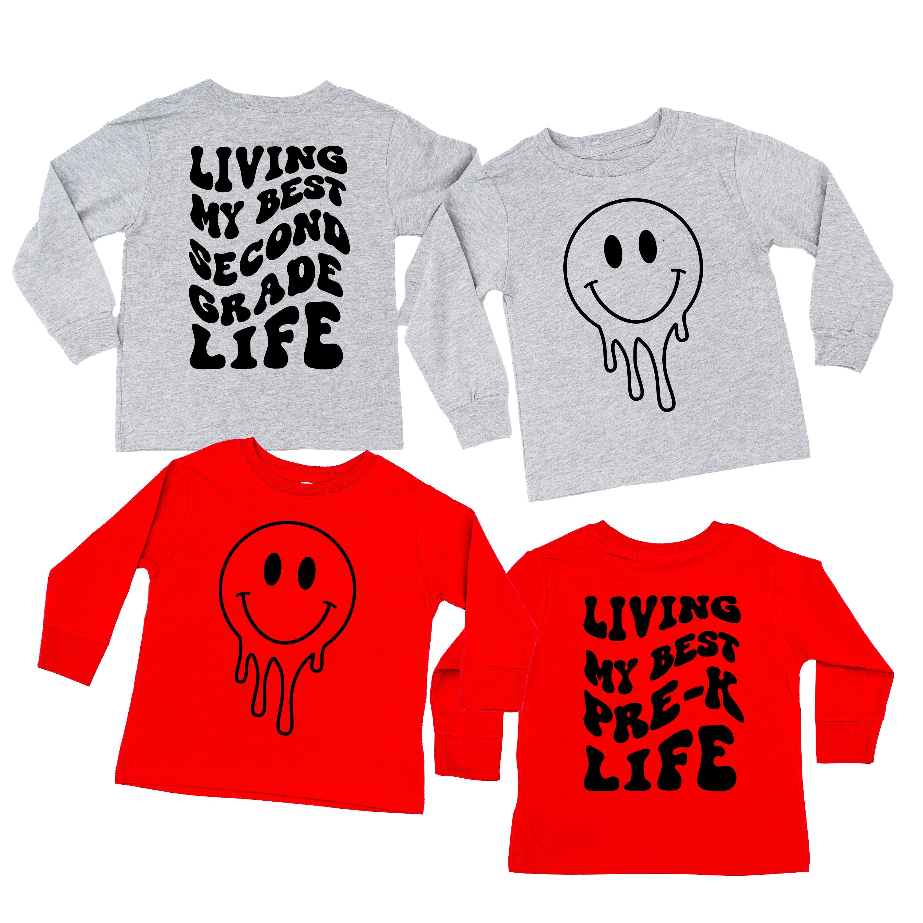 Living My Best (Choose Your Grade) Life - Melty Smiley (f & b) - Child LONG SLEEVE Tee Little Mama Shirt Shop