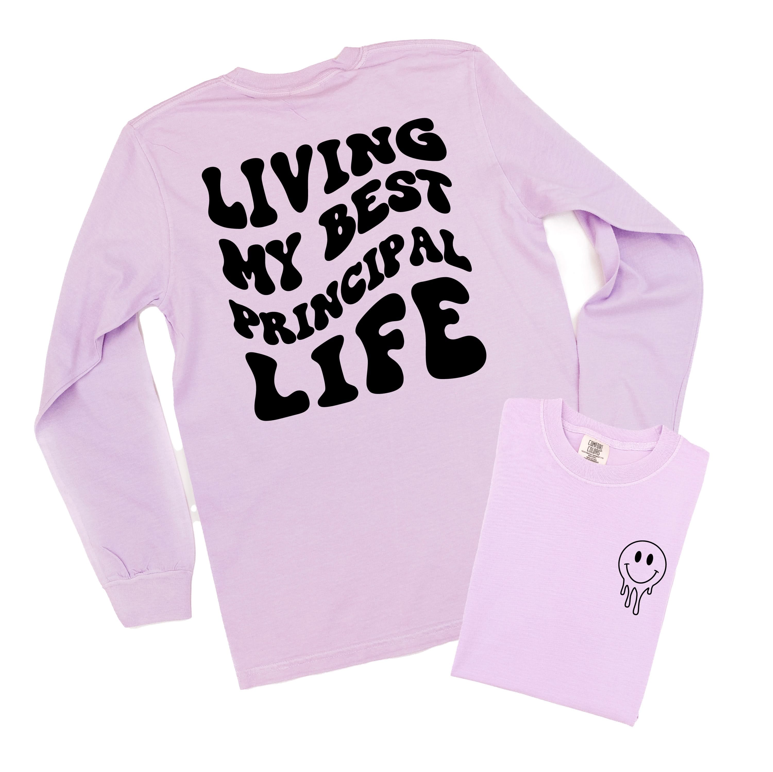 Living My Best Principal Life - Melty Smiley (pf & b) - LONG SLEEVE Comfort Colors Tee Little Mama Shirt Shop