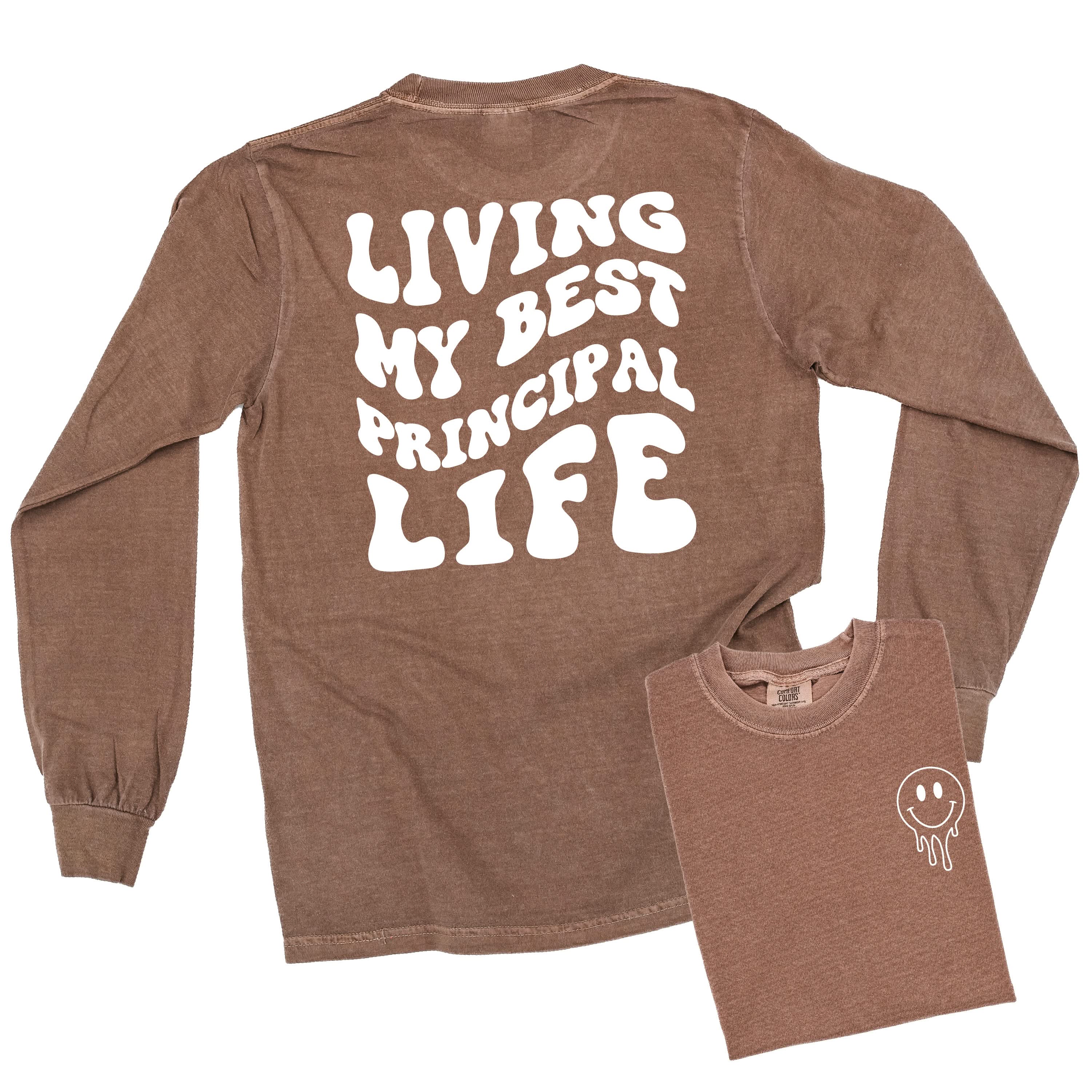 Living My Best Principal Life - Melty Smiley (pf & b) - LONG SLEEVE Comfort Colors Tee Little Mama Shirt Shop